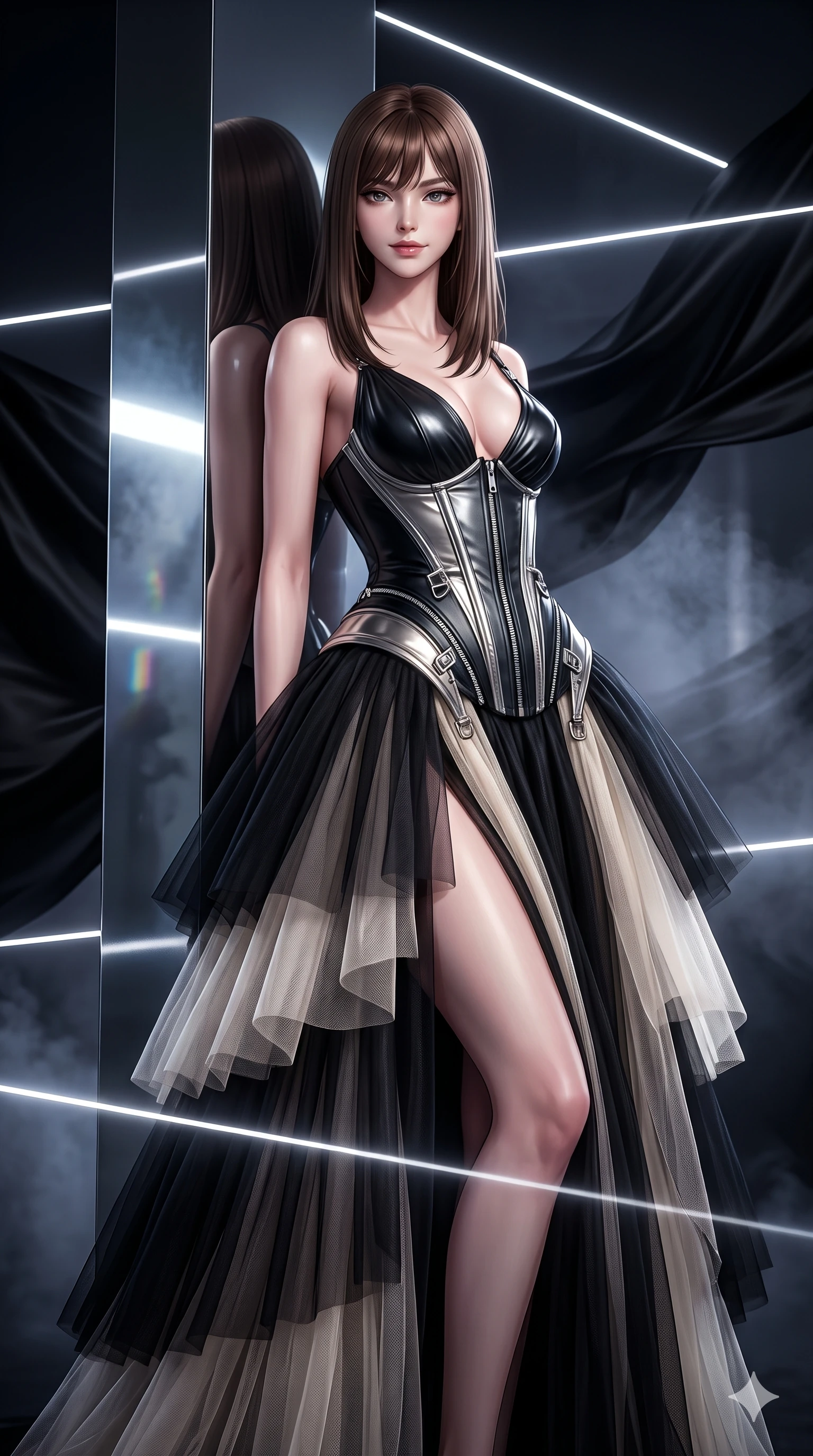 score_9, masterpiece, best quality, ultra-detailed, high-budget anime keyframe, semi-realistic 3D game render, editorial fashion photography, tasteful artistic composition, Korean woman. close-up cowboy shot from the waist and thighs up, the character dominates the composition, filling the frame with her large presence. twisting her slender torso in a deep contrapposto stance, hips dramatically shifted to accentuate her feminine curves while leaning back against the mirror-finish gallery pylon with hips cocked back, casting an intoxicating, sultry bedroom-gaze over her shoulder. The surrounding environment is rendered in vivid detail and crisp panoramic clarity: detailed tiered tulle gown tailoring, corseted waist structure, and high-fashion exhibition design in razor-sharp clarity. She has an exceptionally elegant, slender, and willowy female figure with an ultra-slim waist, flat toned midriff, narrow ribcage, and sculpted feminine hips creating an alluring, slim hourglass silhouette without bulk. sharp v-shaped jawline, high-bridge nose, intricate jewel-like dark sparkling eyes with hypnotic seductive depth, thick curled eyelashes, glossy parted lips with a natural wine sheen, alluring bedroom-eyes with an enigmatic smoldering smile, exuding magnetic sovereign charisma and dark avant-garde glamour, flawlessly proportioned anatomical accuracy, strict slender model proportions, natural body alignment, perfectly sculpted long slender limbs, ultra-slim waistline, clean dynamic posture without body distortion. wearing a low-cut gothic structured bodice gown with high leg slit in celestial champagne ivory and high-gloss jet black, made of liquid dark mercury jersey with seamless sculpting hold and fluid drape, finished with metallic silver boning and sleek zipper points, the bespoke structured tailoring following the natural line of her 8.5-heads silhouette with refined elegance. bathed in razor-thin horizontal white laser sheets slicing through billowing black silk. highly saturated vibrant anime colors, detailed shading with soft gradients, rich glossy textures, high-contrast stereoscopic depth, volumetric dynamic lighting, master piece, 9:16 ratio