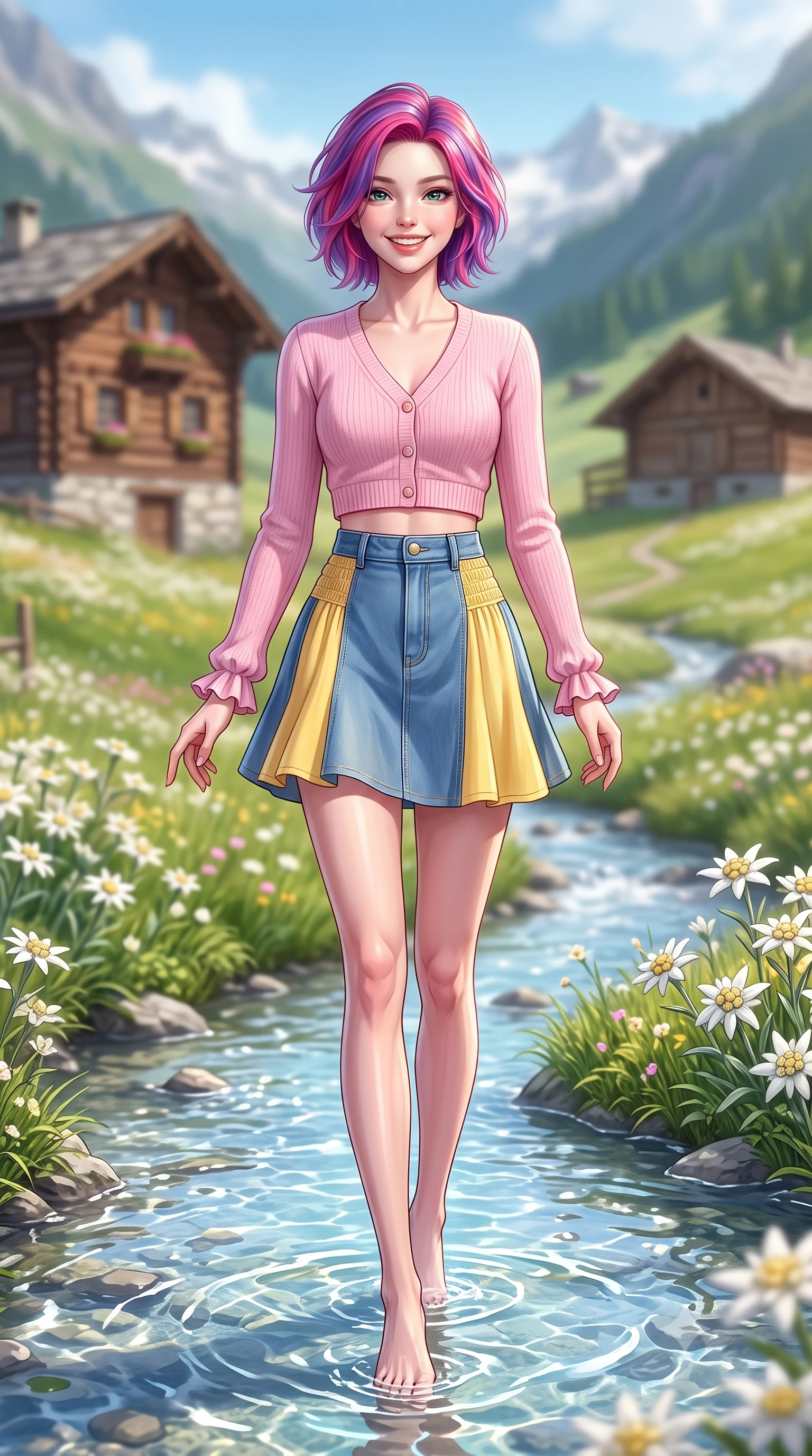 score_9, masterpiece, best quality, ultra-detailed, high-budget anime keyframe, semi-realistic 3D game render, editorial fashion photography, tasteful artistic composition, Caucasian woman. low angle full-body shot from head to toe showing her feet, filling the entire 9:16 vertical frame with her statuesque presence, stretching her vertical silhouette. walking forward in a cheerful, dynamic stride with a radiant beaming smile, her statuesque silhouette filling the frame while dipping her fingertips playfully into a crystal-clear glacial mountain stream, her expression sparkling with pure delight. The composition keeps background elements in soft focus with creamy bokeh. rustic timber mountain chalets and blooming edelweiss clusters softened in gentle atmospheric depth. She has an absolutely perfect, statuesque 8.5-heads proportion, an exceptionally tall and slender model-like female figure with impossibly long slender legs, a toned flat midriff, and an ultra-slim waist. sharp v-shaped jawline, high-bridge nose, intricate jewel-like eyes with depth, thick eyelashes, glossy lips with a natural sheen, pure and lovely fresh girlhood expression, flawlessly proportioned anatomical accuracy, strict slender model proportions, natural body alignment, perfectly sculpted long slender limbs, ultra-slim waistline, clean dynamic posture without body distortion. wearing a lovely baby-pink cropped knit cardigan paired with a high-waisted denim A-line mini skirt in sunny daffodil yellow and french blue, made of fine lightweight chiffon with a soft fluid drape, accented with soft smocked elastic details and ruffled cuff trims, the tailored casual silhouette highlighting her fresh and youthful presence and perfectly proportioned slender frame. surrounded by a fresh, uplifting, and enchantingly pure alpine girlhood aura. highly saturated vibrant anime colors, detailed shading with soft gradients, rich glossy textures, high-contrast stereoscopic depth, volumetric dynamic lighting, master piece, 9:16 ratio