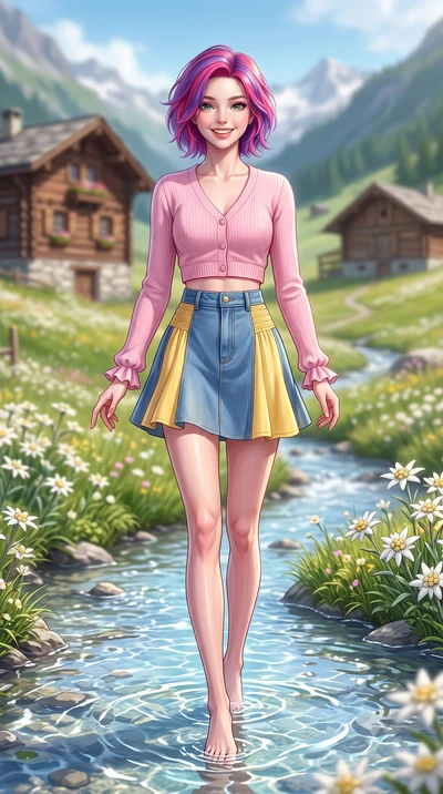 score_9, masterpiece, best quality, ultra-detailed, high-budget anime keyframe, semi-realistic 3D game render, editorial fashion photography, tasteful artistic composition, Caucasian woman. low angle full-body shot from head to toe showing her feet, 