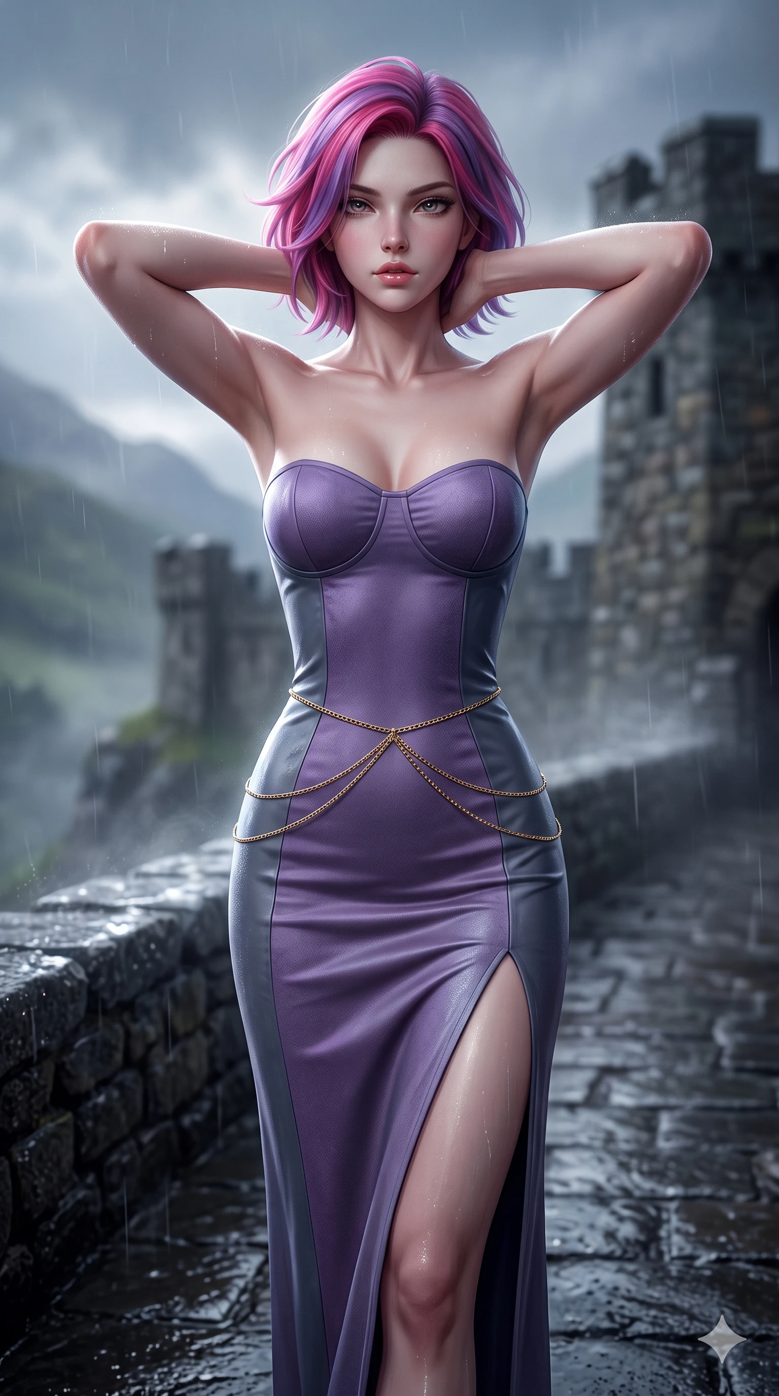 score_9, masterpiece, best quality, ultra-detailed, high-budget anime keyframe, semi-realistic 3D game render, editorial fashion photography, tasteful artistic composition, Caucasian woman. close-up cowboy shot from the waist and thighs up, the character dominates the composition, filling the frame with her large presence. resting both hands lightly behind her neck with elbows raised, arching her spine to highlight her narrow waist, flat midriff, and breathtaking collarbones while stepping slowly along the rain-washed stone rampart with hypnotic grace, hips swaying in an alluring rhythm that accentuates her curvy hourglass silhouette. The composition keeps background elements in soft focus with creamy bokeh: fresh highland rain mist softened in cliffside fortress rampart shallow focus. She has an exceptionally elegant, slender, and willowy female figure with an ultra-slim waist, flat toned midriff, narrow ribcage, and sculpted feminine hips creating an alluring, slim hourglass silhouette without bulk. sharp v-shaped jawline, high-bridge nose, intricate jewel-like eyes with depth, thick eyelashes, glossy parted lips with a natural sheen, intensely captivating and seductive bedroom-eyes expression, flawlessly proportioned anatomical accuracy, strict slender model proportions, natural body alignment, perfectly sculpted long slender limbs, ultra-slim waistline, clean dynamic posture without body distortion. wearing a strapless column evening dress in heavy stretch silk with subtle boned bustier support and side slit in Highland heather violet and slate granite, woven from buttery-soft stretch lambskin leather adhering to her body like a second skin, accented with a dainty gold belly chain resting across her flat midriff and curving hips, the glove-like clinging cut tightly following the natural contour of her hips and long slender legs with youthful 8.5-heads elegance. bathed in high-contrast dramatic sky illumination with crisp silver rim lights sculpting her jawline, narrow waist, and curvy hips. highly saturated vibrant anime colors, detailed shading with soft gradients, rich glossy textures, high-contrast stereoscopic depth, volumetric dynamic lighting, master piece, 9:16 ratio