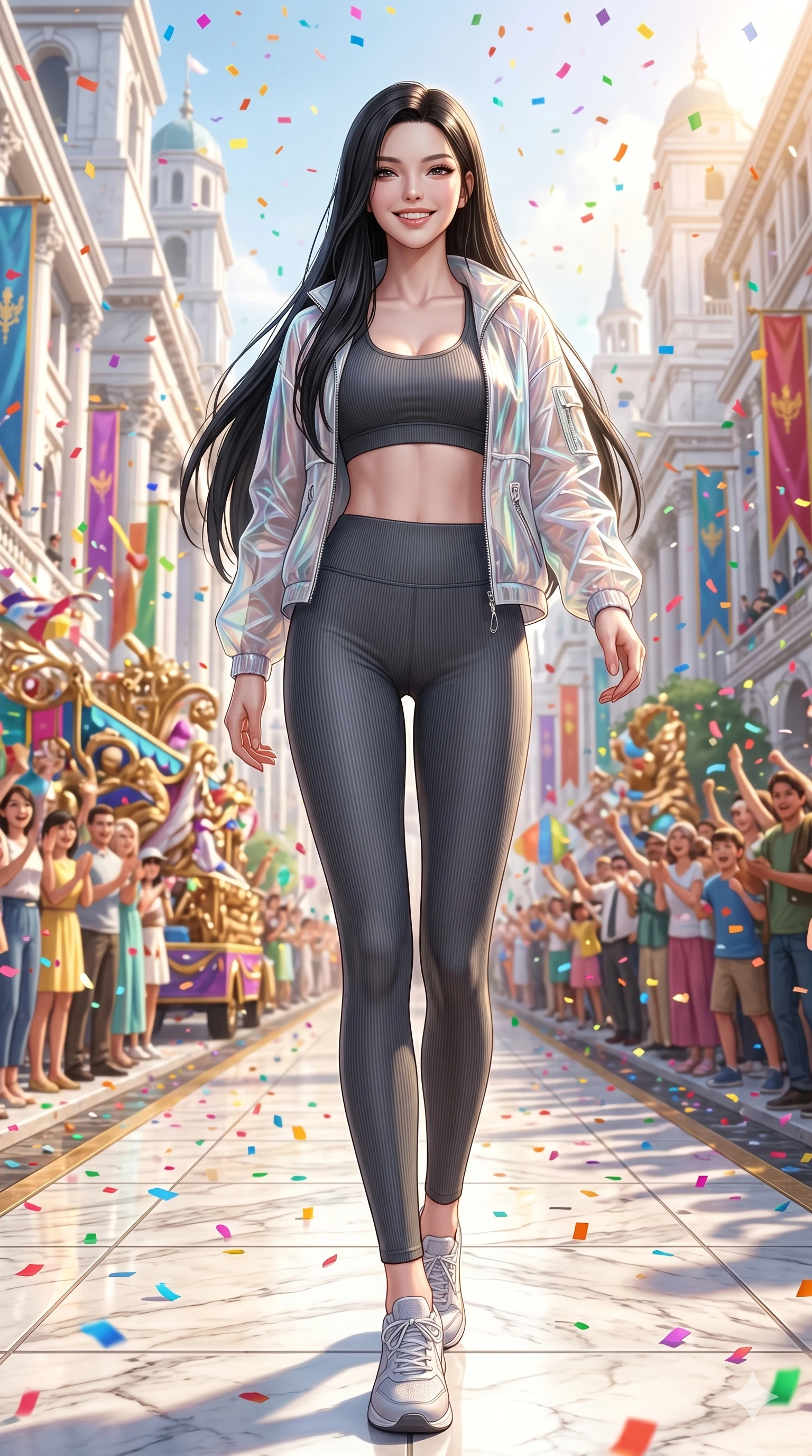 score_9, masterpiece, best quality, ultra-detailed, Set A: Photorealistic 8k CG, Japanese woman. Low angle cowboy shot filling the entire 9:16 frame with her statuesque presence. Standing in a rain of colorful confetti on a grand parade in a white marble city. She has an absolutely perfect 8-heads proportion, an exceptionally tall and slender female figure with elegant long slender legs and an slender waist. Sharp v-shaped jawline, high-bridge nose, intricate jewel-like eyes with depth, thick eyelashes, glossy lips. Wearing a Premium Athleisure outfit: ribbed sports bra and leggings with a sheer windbreaker. Background is a bright and colorful city street with vibrant decorations and bright sunlight. 2k, ultra detail, master piece, 9:16 ratio