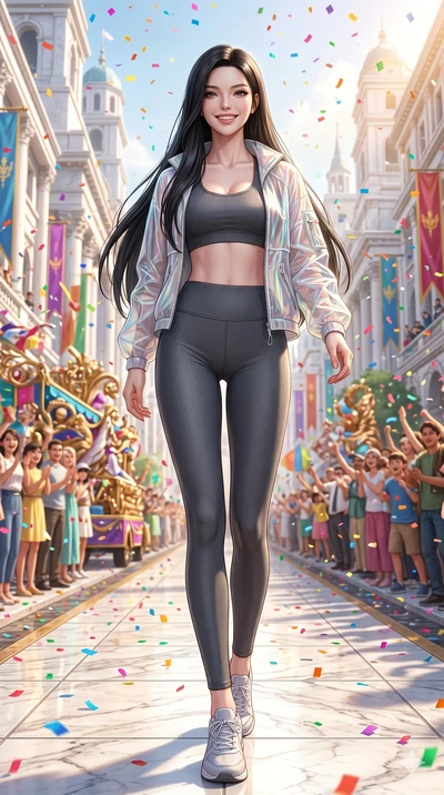 score_9, masterpiece, best quality, ultra-detailed, Set A: Photorealistic 8k CG, Japanese woman. Low angle cowboy shot filling the entire 9:16 frame with her statuesque presence. Standing in a rain of colorful confetti on a grand parade in a white ma