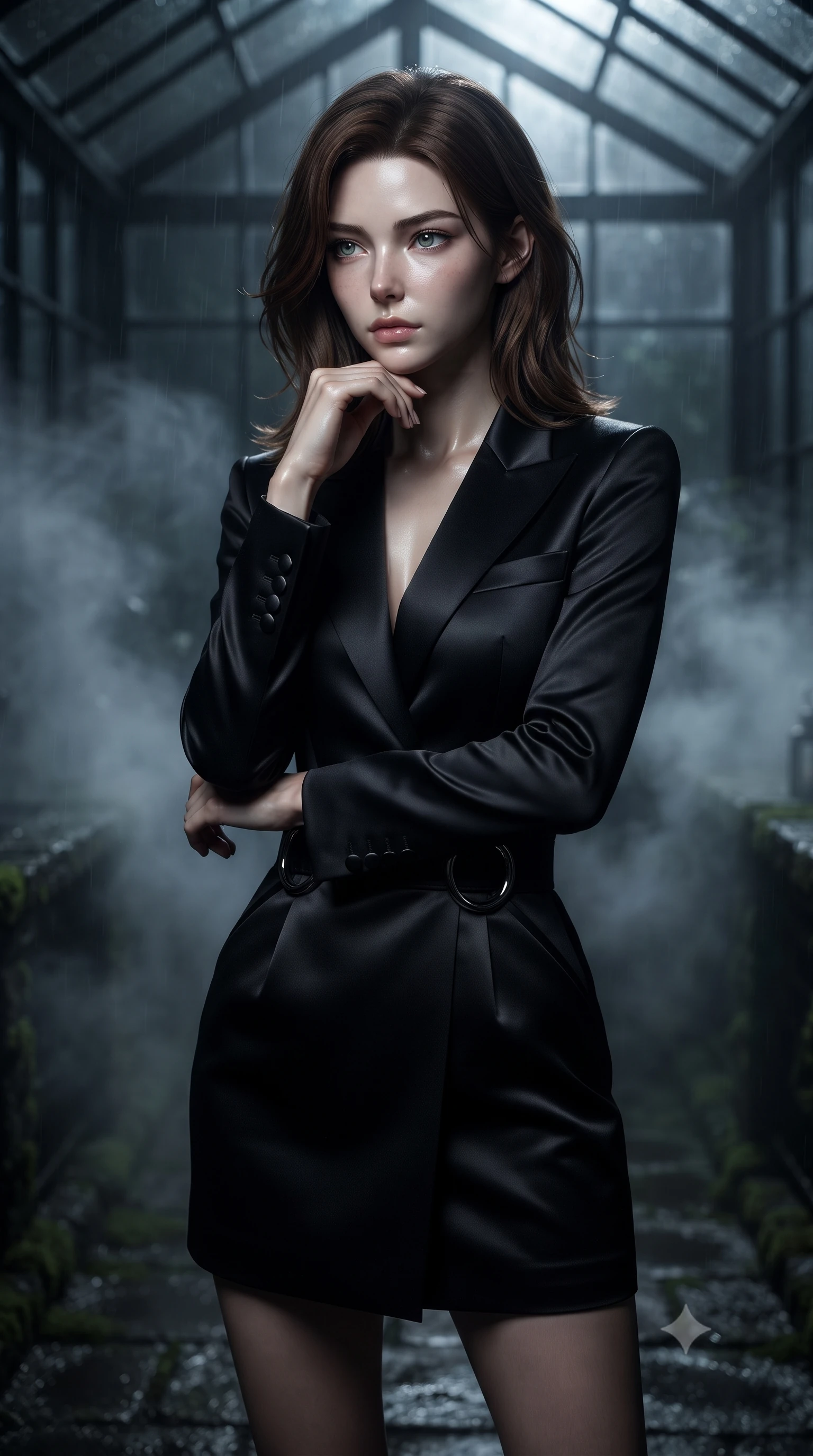 score_9, masterpiece, best quality, ultra-detailed, high-budget anime keyframe, editorial fashion photography, tasteful artistic composition, Korean woman. close-up cowboy shot from the waist and thighs up, the character dominates the composition, filling the frame with her large presence, background elements kept in soft focus. Resting her chin on the backs of her fingers with an air of effortless superiority, navigating a dark glass corridor shrouded in midnight fog and rain, thick midnight mist swirling along dark mossy stone pathways. She has an exceptionally elegant, slender, and willowy female figure with an ultra-slim waist, a gracefully sculpted slender torso, and a refined silhouette. sharp v-shaped jawline, high-bridge nose, intricate jewel-like eyes with depth, thick eyelashes, glossy lips with a natural sheen. wearing tailored onyx black tux dress with silk lapels and fitted waist in pitch-black onyx, made of soft dark satin, accented with sculpted obsidian chrome rings at the waist, accentuating her gracefully sculpted slender torso. illuminated by cold silver moonlight filtering through dark greenhouse glass. ultra-reflective glossy finish, specular highlights, metallic sheen, high-contrast stereoscopic depth, volumetric dynamic lighting, 2k, ultra detail, master piece, 9:16 ratio