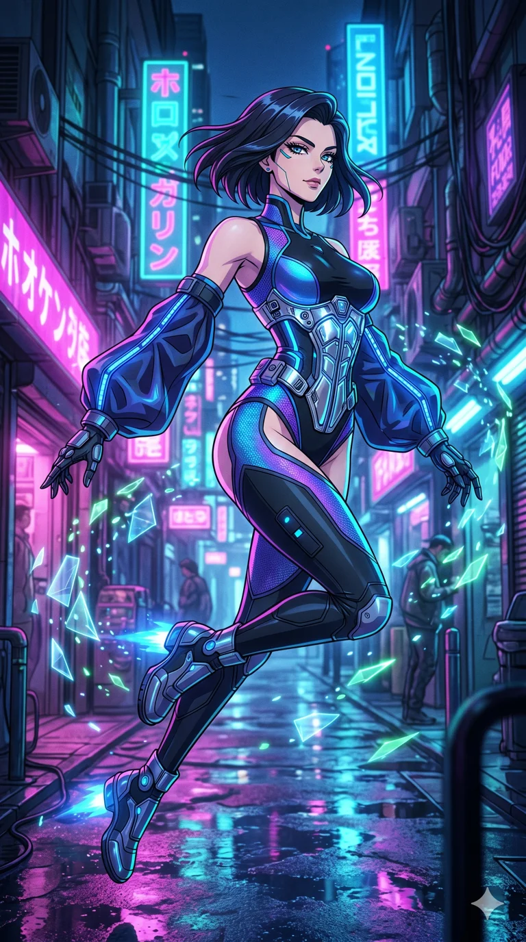 score_9, masterpiece, best quality, ultra-detailed, high-budget anime movie keyframe, cinematic anime lighting, intricate line art, Caucasian (strictly human ears) woman. Medium shot of upper body capturing the intricate details of her high-fashion attire. leaping gracefully in a neon-lit cyberpunk alleyway surrounded by floating data-shards. She has an absolutely perfect 8-heads proportion, an exceptionally tall and slender female figure with an ultra-slim waist and impossibly long slender legs. sharp v-shaped jawline, high-bridge nose, intricate jewel-like eyes, thick eyelashes, glossy lips. Wearing asymmetrical high-cut tech-bodysuit with detached glowing sleeves, chrome-plated mechanical corset, and bioluminescent mesh panels clinging to her slender figure. The scene is illuminated by dramatic atmospheric lighting and vibrant color palettes. , 2k, ultra detail, master piece, 9:16 ratio