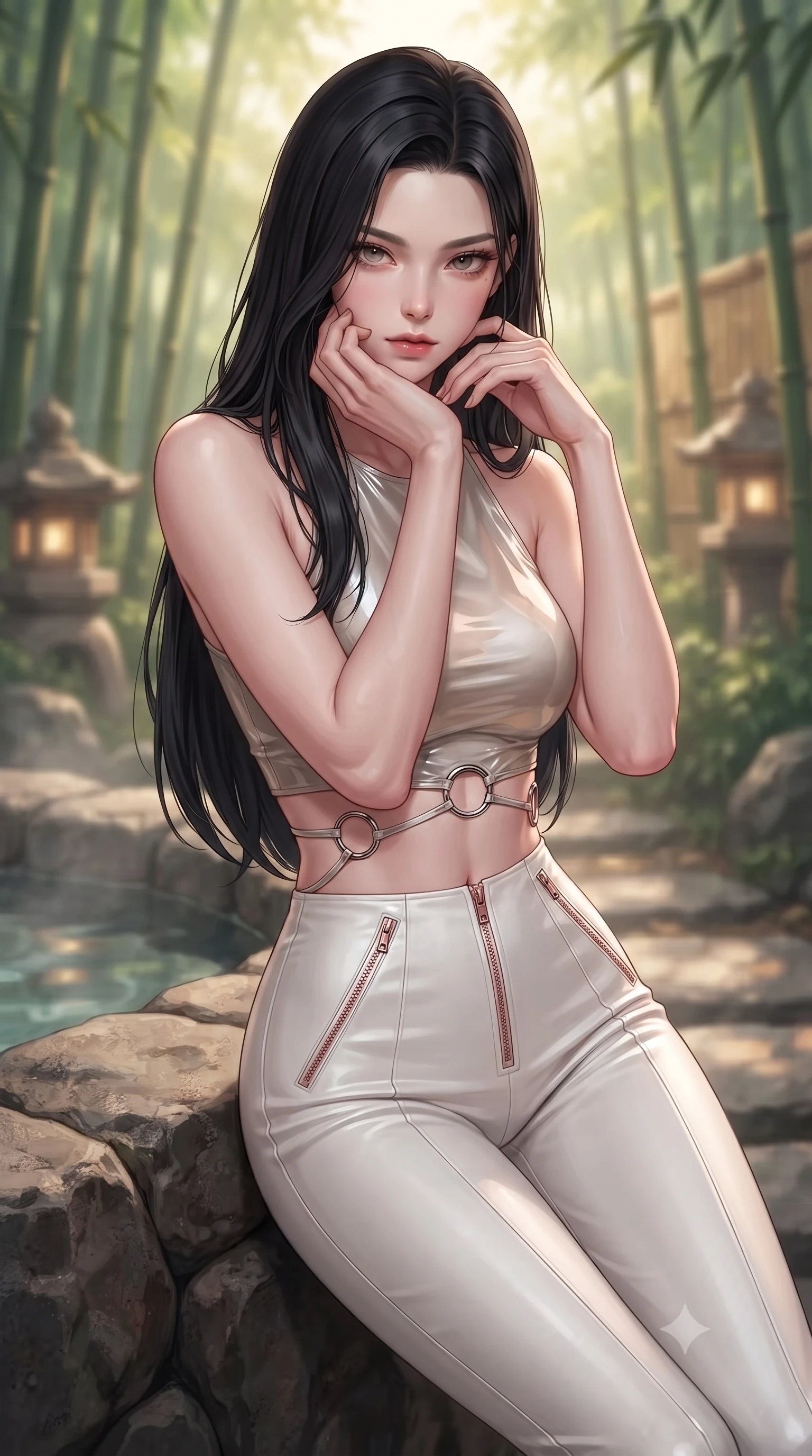 score_9, masterpiece, best quality, ultra-detailed, high-budget anime keyframe, editorial fashion photography, tasteful artistic composition, Korean woman. close-up cowboy shot from the waist and thighs up, the character dominates the composition, filling the frame with her large presence, background elements kept in soft focus. Resting her chin on the backs of her fingers, casting a sharp, mysterious gaze resting against a natural basalt rock edge in a private bamboo-partitioned hot spring, bamboo partitions and stone lanterns casting peaceful organic shadows. She has an exceptionally elegant, slender, and willowy female figure with an ultra-slim waist, a gracefully sculpted slender torso, and a refined silhouette. sharp v-shaped jawline, high-bridge nose, intricate jewel-like eyes with depth, thick eyelashes, glossy lips with a natural sheen. wearing a glossy vinyl crop top and high-waist tailored leggings with sleek zippers in pearl white and rose gold, crafted from smooth liquid silk, accented with delicate chrome ring hardware framing her waist, the form-contouring material highlighting her ultra-slim waist and long lines. surrounded by a tranquil, spa-like aura with soft specular highlights. highly saturated vibrant anime colors, detailed shading with soft gradients, rich glossy textures, high-contrast stereoscopic depth, volumetric dynamic lighting, master piece, 9:16 ratio