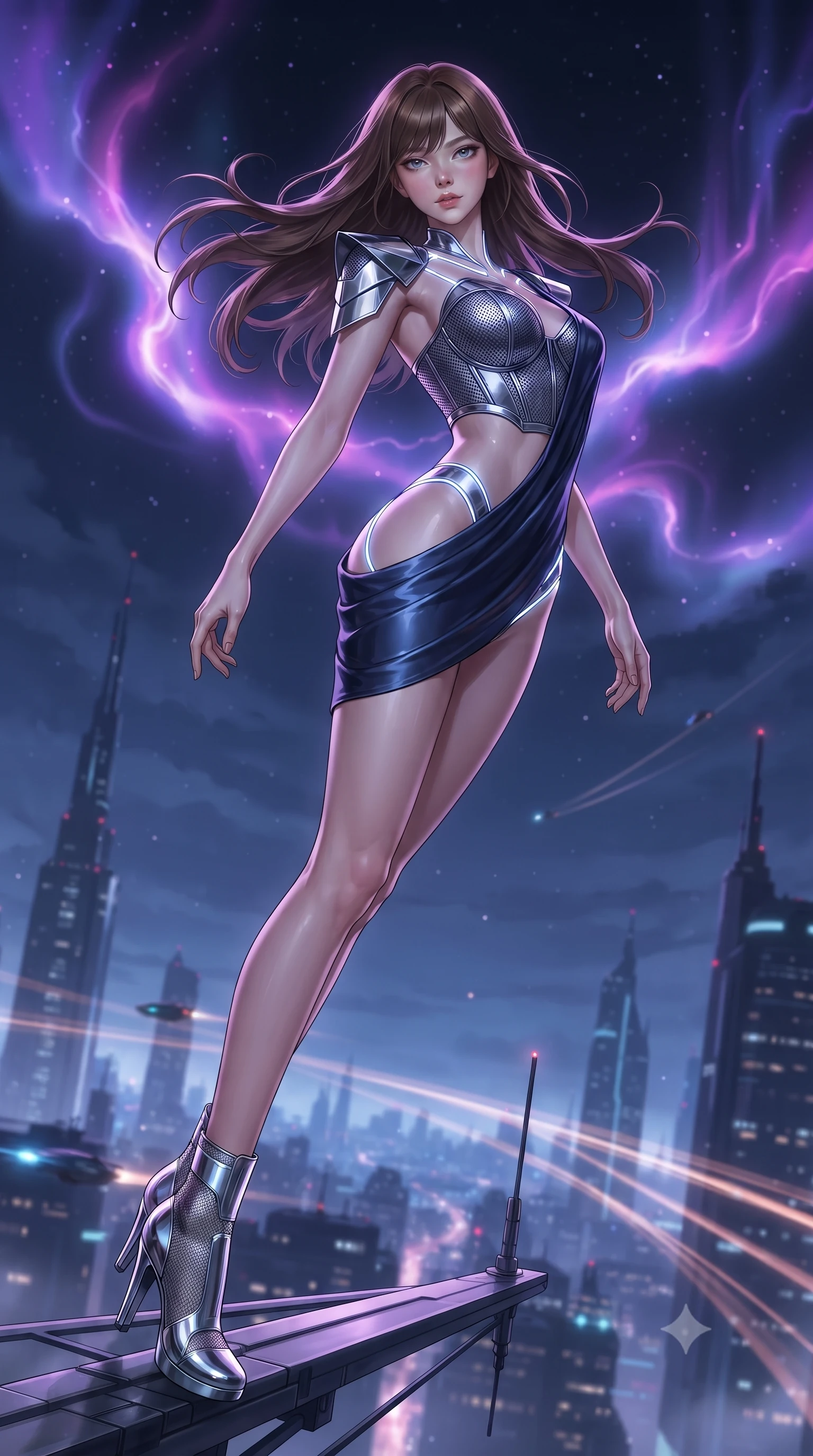 score_9, masterpiece, best quality, ultra-detailed, high-budget anime keyframe, editorial fashion photography, tasteful artistic composition, Korean woman. low angle full-body shot from head to toe showing her feet, filling the entire 9:16 vertical frame with her statuesque presence, stretching her vertical silhouette. arching her spine in a fluid zero-gravity turn with sovereign grace, her long slender legs and sculpted torso creating a sweeping line while pivoting dynamically on a cantilevered antenna platform as swirling violet and magenta plasma auroras electrify the night sky. The composition keeps background elements in soft focus with creamy bokeh. futuristic skyscraper spires and flying vehicle light trails softened in atmospheric shallow focus. She has an absolutely perfect, statuesque 8.5-heads proportion, an exceptionally tall and slender model-like female figure with impossibly long slender legs, a toned flat midriff, and an ultra-slim waist. sharp v-shaped jawline, high-bridge nose, intricate jewel-like eyes with depth, thick eyelashes, glossy lips with a natural sheen, flawlessly proportioned anatomical accuracy, strict slender model proportions, natural body alignment, perfectly sculpted long slender limbs, ultra-slim waistline, clean dynamic posture without body distortion. wearing a structured titanium-mesh bustier with geometric shoulder pauldrons and an ultra-slender liquid jersey drape in deep midnight navy blue and pure starlight chrome, crafted from ultra-reflective second-skin liquid metal with a mirror-like polish, accented with glowing fiber-optic seams tracing her collarbones and hip curves, the liquid-tight tailored fabric emphasizing every curve of her tall, slender model proportions and sculptured silhouette during dynamic movement. illuminated by crisp white key lighting with sharp specular highlights tracing her ultra-slim waist and long legs. ultra-reflective glossy finish, specular highlights, dark metallic sheen, high-contrast stereoscopic depth, volumetric dynamic lighting, 2k, ultra detail, master piece, 9:16 ratio