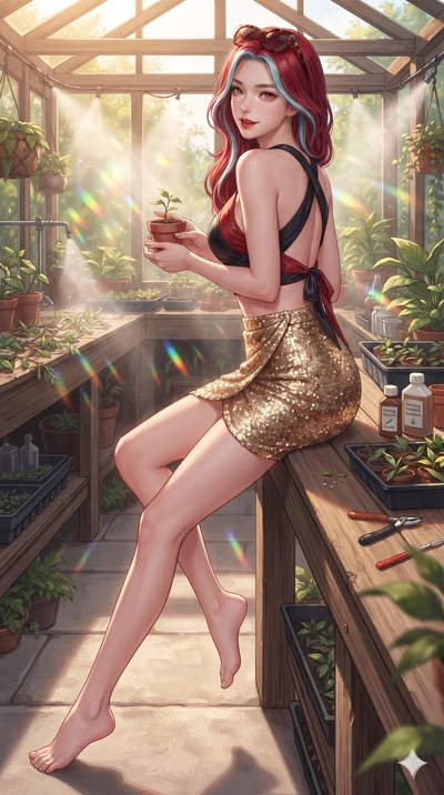 Caucasian woman. walking along the terrace with poise, looking back over her bare shoulder with an irresistible smoldering bedroom-gaze while sitting perched on the rustic timber bench with legs extended, holding a miniature terracotta pot with playful, seductive charm. The surrounding environment is rendered in vivid detail and crisp panoramic...