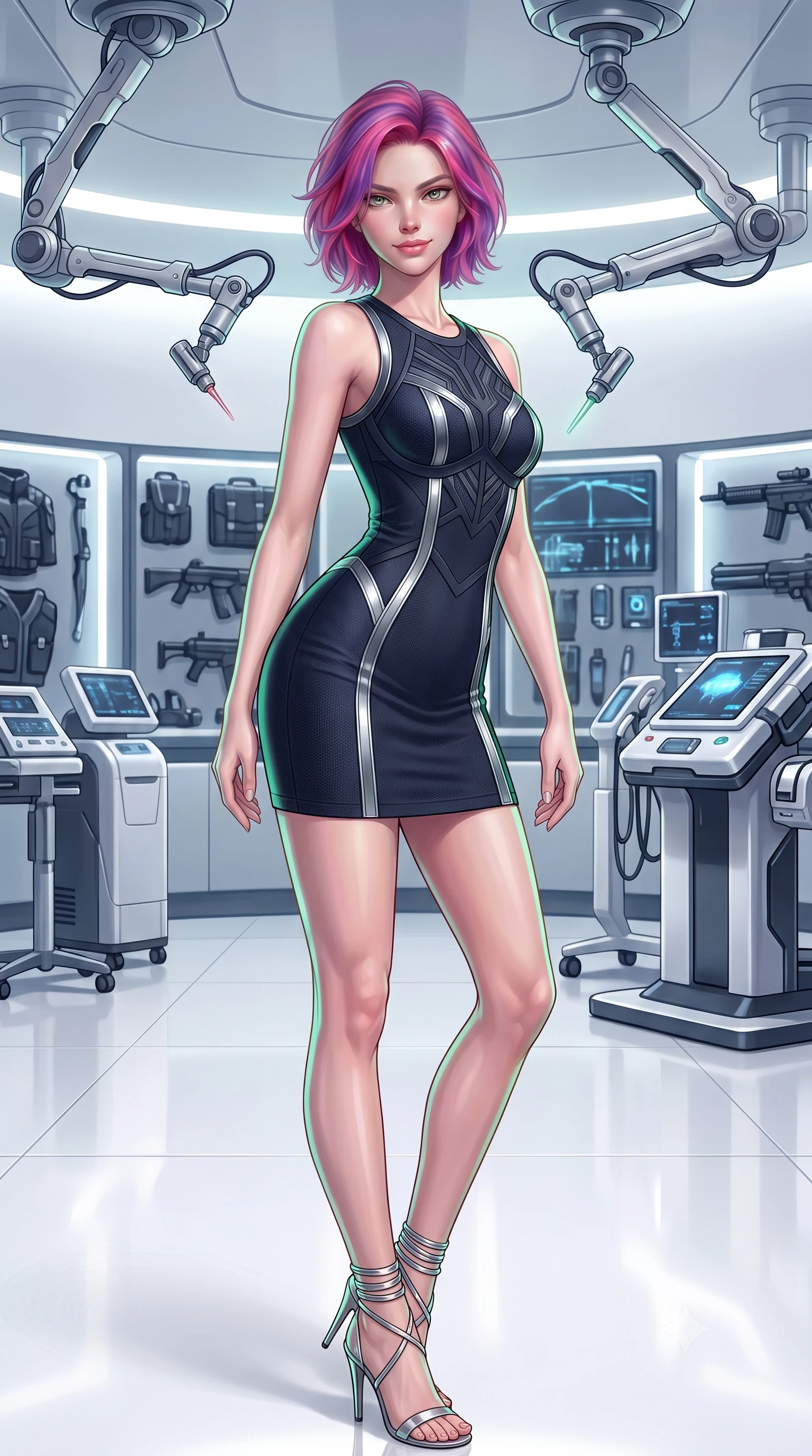 score_9, masterpiece, best quality, ultra-detailed, high-budget anime keyframe, semi-realistic 3D game render, editorial fashion photography, tasteful artistic composition, Caucasian woman. close-up cowboy shot from the waist and thighs up, the character dominates the composition, filling the frame with her large presence. leaning forward while arching her lower back to accentuate her curvy hips, looking into the camera with an intoxicating smoldering gaze and bedroom-eyes while standing poised on the seamless white resin floor of the high-end cyber-clinic, arching her lower back with sovereign diva presence as articulated surgical laser arms hover overhead. The surrounding environment is rendered in vivid detail and crisp panoramic clarity: detailed tactical officer dress lines, glossy highlights, and world-class medical tech aesthetics in high resolution. She has an exceptionally elegant, slender, and willowy female figure with an ultra-slim waist, flat toned midriff, narrow ribcage, and sculpted feminine hips creating an alluring, slim hourglass silhouette without bulk. sharp v-shaped jawline, high-bridge nose, intricate jewel-like sparkling eyes with depth, thick eyelashes, glossy parted lips with a natural peach sheen, bright cheerful beaming smile with an enchanting and coquettish sensual glint, exuding both youthful cute charm and seductive allure, flawlessly proportioned anatomical accuracy, strict slender model proportions, natural body alignment, perfectly sculpted long slender limbs, ultra-slim waistline, clean dynamic posture without body distortion. wearing a dense bandage-knit tactical officer dress with subtle geometric chest accents contouring her delicate ribcage and feminine hips in tactical carbon navy and polished chrome, made of fluid liquid jersey with seamless sculpting hold and smooth contours, complemented by strappy stiletto sandals with metallic ankle wraps accentuating her slender calves, the bespoke structured tailoring following the natural line of her 8.5-heads silhouette with refined elegance. illuminated by white floor reflection bounce and sharp platinum-green rim lights defining her jawline, narrow waist, and curvy hips. highly saturated vibrant anime colors, detailed shading with soft gradients, rich glossy textures, high-contrast stereoscopic depth, volumetric dynamic lighting, master piece, 9:16 ratio
