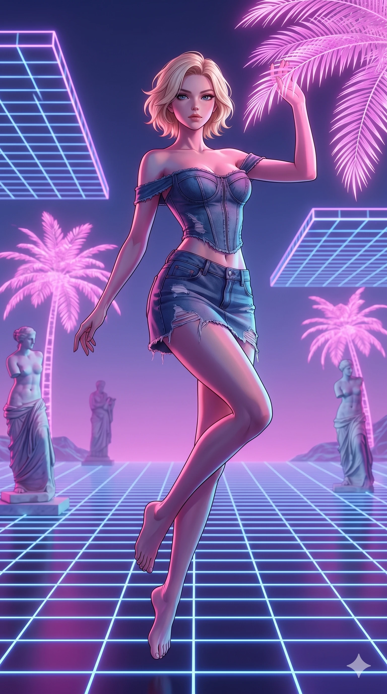 score_9, masterpiece, best quality, ultra-detailed, high-budget anime keyframe, Caucasian woman, strictly human ears. low angle full-body shot filling the entire 9:16 frame with her statuesque presence, stretching the vertical silhouette. drifting through a holographic vaporwave oasis with floating grid floors, lo-fi marble statues, and glowing pink palms. She has an absolutely perfect 8-heads proportion, an exceptionally tall and slender female figure with impossibly long slender legs and an ultra-slim waist. V-shaped jawline, high-bridge nose, intricate jewel-like eyes with depth, thick eyelashes, glossy lips with a natural sheen.. wearing a deconstructed denim corset and an asymmetric ripped denim micro-skirt, showcasing a rugged yet chic off-shoulder style. accented by dynamic color-blocked lighting with high-contrast shadows emphasizing her statuesque height. 2k, ultra detail, master piece, 9:16 ratio