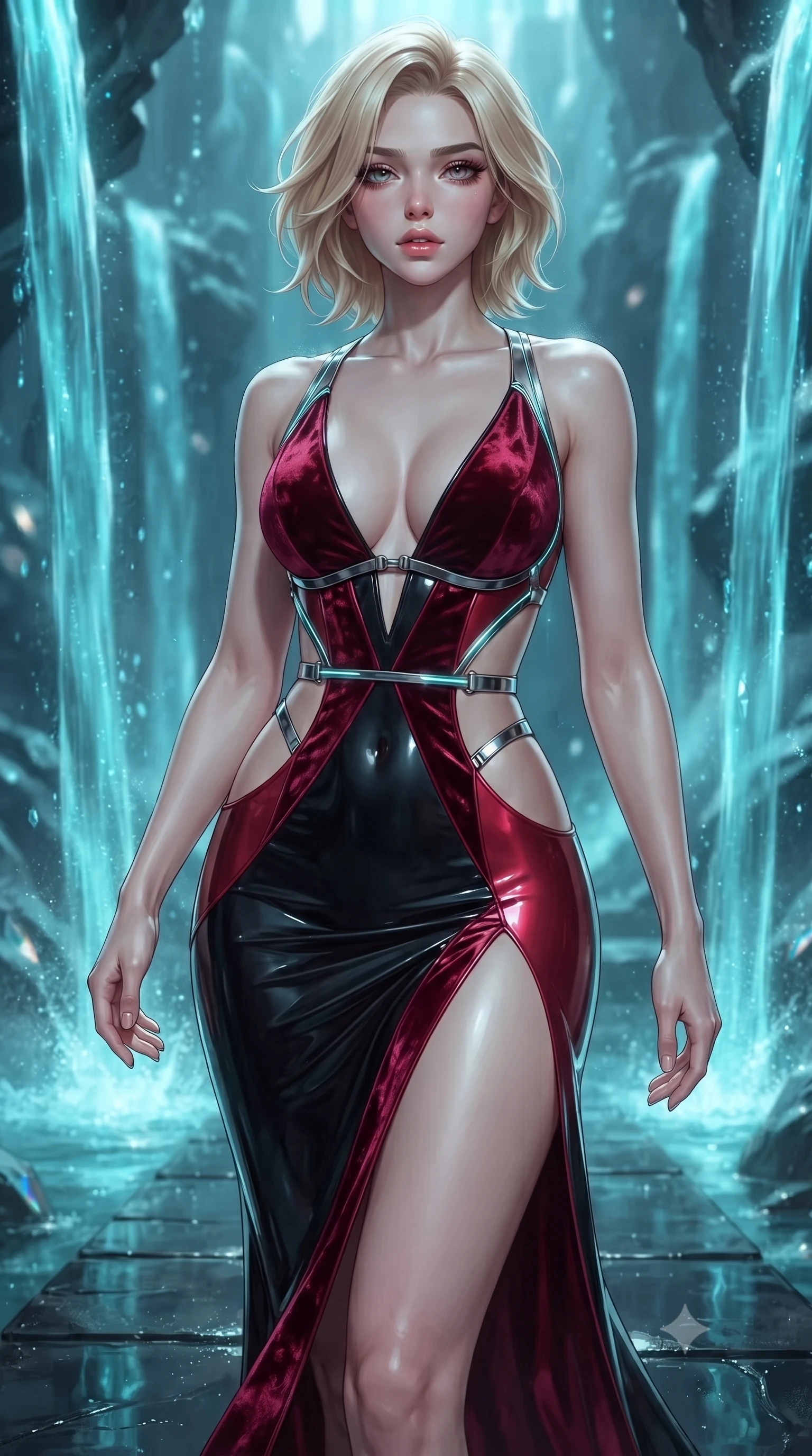 score_9, masterpiece, best quality, ultra-detailed, high-budget anime keyframe, editorial fashion photography, tasteful artistic composition, Caucasian woman. close-up cowboy shot from the waist and thighs up, the character dominates the composition, filling the frame with her large presence. casting a slow, smoldering gaze beneath heavy lashes with parted glossy lips, her head slightly tilted in captivating self-assurance while stepping along a black quartz pathway flanked by cascading bioluminescent turquoise waterfalls. The composition keeps background elements in soft focus with creamy bokeh. luminescent water mist and crystal refractions softened by creamy shallow focus. She has an exceptionally elegant, slender, and willowy female figure with an ultra-slim waist, a gracefully sculpted slender torso, and a refined silhouette. sharp v-shaped jawline, high-bridge nose, intricate jewel-like eyes with depth, thick eyelashes, glossy lips with a natural sheen, flawlessly proportioned anatomical accuracy, natural body alignment, perfectly sculpted elegant limbs, clean dynamic posture without body distortion. wearing a backless crushed velvet gown with a deep V-neckline, strategic hip cutouts, and an ultra-high thigh slit in glossy obsidian black and radiant crimson red, crafted from ultra-reflective second-skin latex with a glass-like polish, reinforced by a sleek metallic chrome harness and delicate glowing micro-straps, the form-contouring second-skin material highlighting her ultra-slim waist and long lines. surrounded by a mysterious, pristine, and alluringly cool aquatic grotto atmosphere. ultra-reflective glossy finish, specular highlights, metallic sheen, high-contrast stereoscopic depth, volumetric dynamic lighting, 2k, ultra detail, master piece, 9:16 ratio