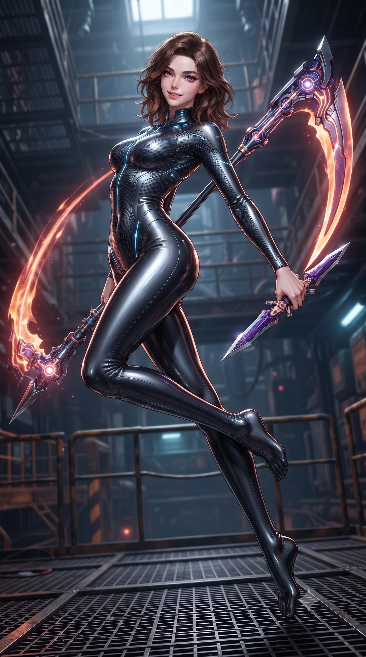 score_9, masterpiece, best quality, ultra-detailed, high-budget anime keyframe, editorial fashion photography, tasteful artistic composition, Korean woman. low angle full-body shot from head to toe showing her feet, filling the entire 9:16 vertical frame with her statuesque presence, stretching her vertical silhouette. arching her back gracefully in mid-air during a dynamic combat vault, her weapon energy trail framing her statuesque presence while resting the long scythe haft against her shoulder with an alluring, dangerous smile looking directly into the camera. The surrounding environment is rendered in vivid detail and crisp panoramic clarity. razor-sharp molten plasma scythe blade curvature, glowing energy conduits along the staff, and iron grating in deep focus. She has an absolutely perfect, statuesque 8.5-heads proportion, an exceptionally tall and slender model-like female figure with impossibly long slender legs, a toned flat midriff, and an ultra-slim waist. sharp v-shaped jawline, high-bridge nose, intricate jewel-like eyes with depth, thick eyelashes, glossy lips with a natural sheen, flawlessly proportioned anatomical accuracy, strict slender model proportions, natural body alignment, perfectly sculpted long slender limbs, ultra-slim waistline, clean dynamic posture without body distortion. wearing an aerodynamic dark titanium carbon-mesh jumper with glowing blue fiber lines, holding twin chrome vibro-daggers with deadly supermodel poise in royal purple carbon fiber with rose-gold hardware and clasps, crafted from semi-translucent cybernetic carbon-vinyl interwoven with glowing micro-filaments, featuring a sleek aerodynamic collar framed by subtle glowing cybernetic status LEDs, the liquid-tight tailored fabric emphasizing every curve of her tall, slender model proportions and sculptured silhouette during dynamic movement. illuminated by crisp specular highlights tracing her ultra-slim waist, long legs, and flat midriff. ultra-reflective glossy finish, specular highlights, dark metallic sheen, high-contrast stereoscopic depth, volumetric dynamic lighting, 2k, ultra detail, master piece, 9:16 ratio