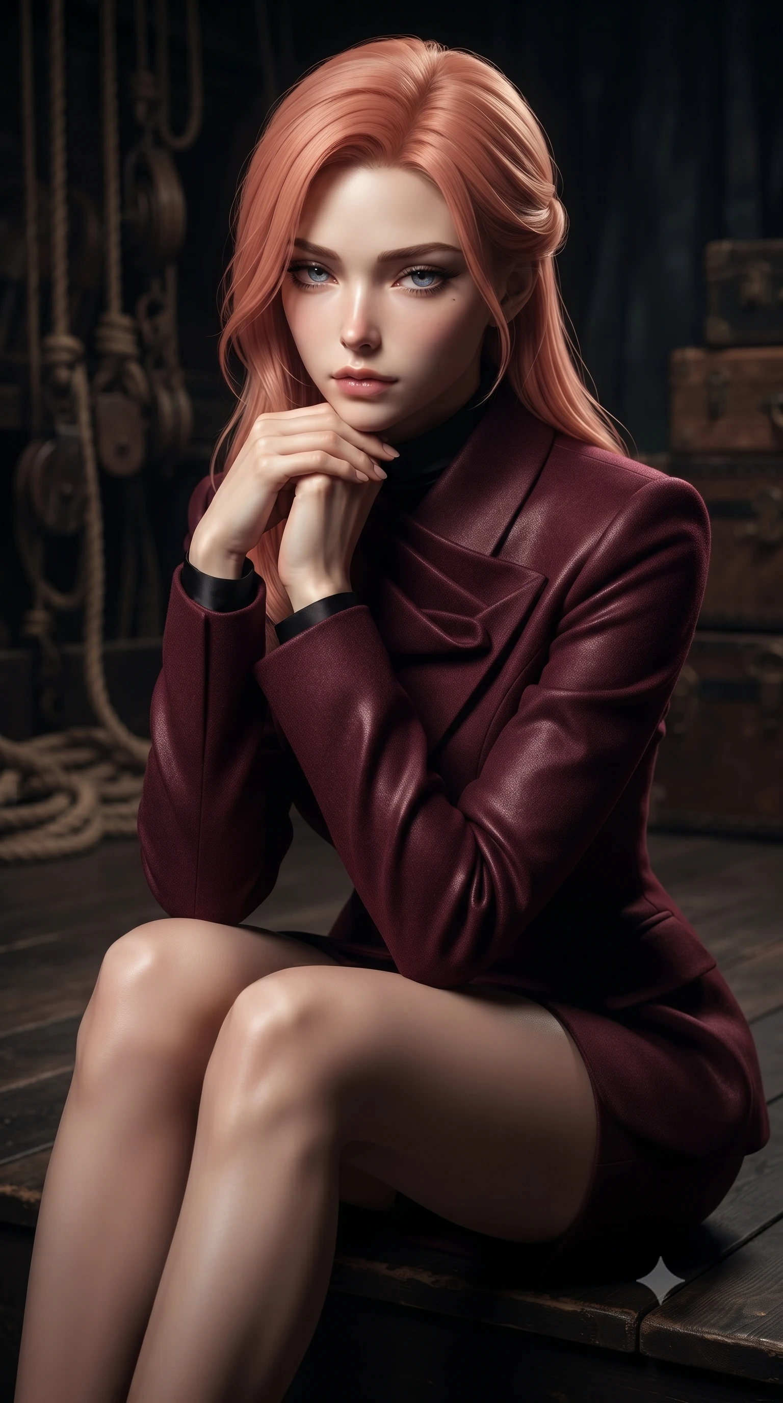 score_9, masterpiece, best quality, ultra-detailed, high-budget anime keyframe, editorial fashion photography, tasteful artistic composition, Japanese woman. close-up cowboy shot from the waist and thighs up, the character dominates the composition, filling the frame with her large presence, background elements kept in soft focus. resting her chin on the backs of her fingers, casting a heavy-lidded, sultry look past the camera the background shows a soft-focus a vintage stage wing with ropes, pulleys, and wooden trunks in the dark. She has an exceptionally elegant, slender, and willowy female figure with an ultra-slim waist, a gracefully sculpted slender torso, and a refined silhouette. sharp v-shaped jawline, high-bridge nose, intricate jewel-like eyes with depth, thick eyelashes, glossy lips with a natural sheen. wearing a form-contouring tailored asymmetric jacket in deep burgundy wool with a high wrap collar, over a black silk mock-neck blouse. dramatic chiaroscuro lighting focusing on her athletic, slender build. ultra-reflective glossy finish, specular highlights, metallic sheen, high-contrast stereoscopic depth, volumetric dynamic lighting, 2k, ultra detail, master piece, 9:16 ratio
