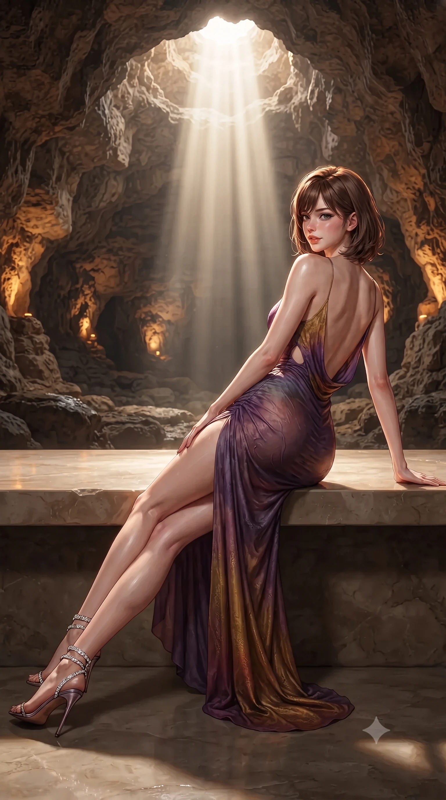 score_9, masterpiece, best quality, ultra-detailed, high-budget anime keyframe, editorial fashion photography, tasteful artistic composition, Caucasian woman. low angle full-body shot from head to toe showing her feet, filling the entire 9:16 vertical frame with her statuesque presence, stretching her vertical silhouette. walking along the terrace with poise, looking back over her bare shoulder with an irresistible smoldering bedroom-gaze while reclining gracefully across the flat limestone ledge propped on one elbow with legs extended, displaying her long slender limbs and statuesque hourglass silhouette in the sacred sanctuary. The surrounding environment is rendered in vivid detail and crisp panoramic clarity: detailed garment lines, wet cling or bodycon fit, and timeless natural cave architecture in razor-sharp precision. She has an exceptionally tall and slender model-like 8.5-heads proportion, an ultra-slim waist, a flat toned midriff, narrow delicate ribcage, and beautifully sculpted feminine hips creating a graceful, slim hourglass silhouette without any bulky heaviness, with impossibly long slender legs. sharp v-shaped jawline, high-bridge nose, intricate jewel-like sparkling eyes with depth, thick eyelashes, glossy parted lips with a natural peach sheen, bright cheerful beaming smile with an enchanting and coquettish sensual glint, exuding both youthful cute charm and seductive allure, flawlessly proportioned anatomical accuracy, strict slender model proportions, natural body alignment, perfectly sculpted long slender limbs, ultra-slim waistline, clean dynamic posture without body distortion. wearing a form-contouring gossamer silk chiffon slip dress with a hip-high slit and open cowl back clinging with dewy moisture in Scottish Highlands heather thistle purple and antique hearth ember gold, woven from buttery-soft stretch lambskin leather adhering to her body like a second skin, complemented by strappy stiletto sandals with crystal ankle wraps accentuating her slender calves, the precision-cut side openings and low-back scoop framing her graceful spine and the sensual sweep of her slim, toned hips. bathed in the theatrical 5000K vertical god-ray sunbeam shaft contrasting with warm 2600K amber cave wall accent downlights. ultra-reflective glossy finish, specular highlights, rich textural contrasts, high-contrast stereoscopic depth, volumetric dynamic lighting, 2k, ultra detail, master piece, 9:16 ratio