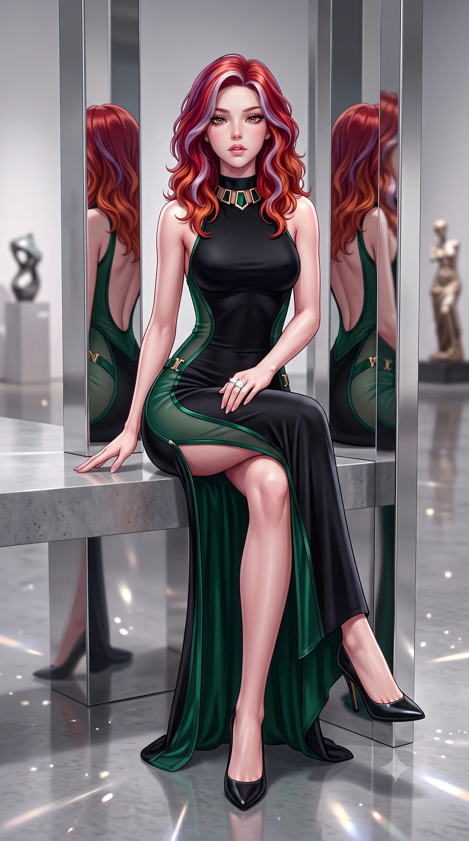 score_9, masterpiece, best quality, ultra-detailed, high-budget anime keyframe, semi-realistic 3D game render, editorial fashion photography, tasteful artistic composition, Caucasian woman. low angle full-body shot from head to toe showing her feet, filling the entire 9:16 vertical frame with her statuesque presence, stretching her vertical silhouette. sitting perched on the elevated edge with hips angled toward the camera and legs crossed, displaying her toned midriff and flawlessly sculpted slender limbs while standing poised between mirror-finished stainless steel columns, her graceful hourglass silhouette multiplied into infinite reflections. The composition keeps background elements in soft focus with creamy bokeh. gallery pin-spotlight beams and reflective floor highlights scattering sleek directional light motes. She has an exceptionally tall and slender model-like 8.5-heads proportion, an ultra-slim waist, a flat toned midriff, narrow delicate ribcage, and beautifully sculpted feminine hips creating a graceful, slim hourglass silhouette without any bulky heaviness, with impossibly long slender legs. sharp v-shaped jawline, high-bridge nose, intricate jewel-like eyes with depth, thick eyelashes, glossy parted lips with a natural sheen, intensely captivating and seductive bedroom-eyes expression, flawlessly proportioned anatomical accuracy, strict slender model proportions, natural body alignment, perfectly sculpted long slender limbs, ultra-slim waistline, clean dynamic posture without body distortion. wearing a second-skin black silk jersey maxi dress with asymmetrical sheer mesh side panels tracing the full curve of her hip in deep emerald green satin and gold hardware, tailored from ultra-smooth duchess satin with a pearlescent sheen, complemented by a bold geometric choker and sparkling cocktail ring, the precision-cut side openings and low-back scoop framing her graceful spine and the sensual sweep of her slim, toned hips. illuminated by sharp linear edge highlights defining her sculpted collarbones, ultra-slim waist, and curvy hips. highly saturated vibrant anime colors, detailed shading with soft gradients, rich glossy textures, high-contrast stereoscopic depth, volumetric dynamic lighting, master piece, 9:16 ratio