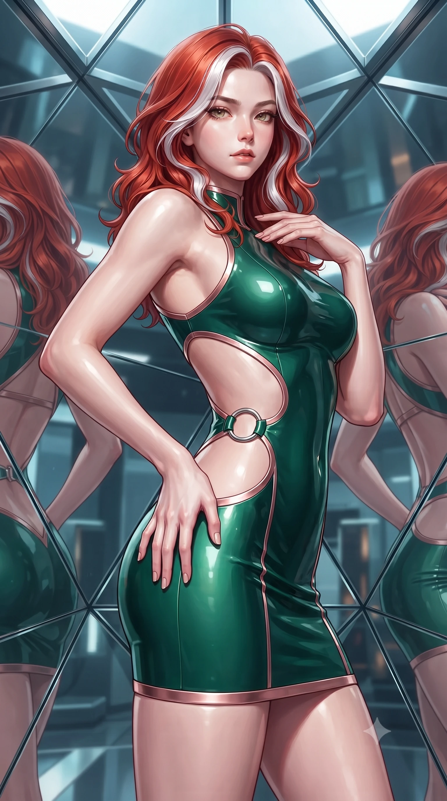 score_9, masterpiece, best quality, ultra-detailed, high-budget anime keyframe, editorial fashion photography, tasteful artistic composition, Caucasian woman. close-up cowboy shot from the waist and thighs up, the character dominates the composition, filling the frame with her large presence. twisting her upper body in a dynamic S-curve with an alluring smolder, one hand trailing along her slender waist while pausing at the intersection of giant glass mirrors with a haughty, smoldering editorial gaze. The surrounding environment is rendered in vivid detail and crisp panoramic clarity. intricate kaleidoscope reflections, crisp metallic specular highlights, and modern geometric framing in high clarity. She has an exceptionally elegant, slender, and willowy female figure with an ultra-slim waist, a gracefully sculpted slender torso, and a refined silhouette. sharp v-shaped jawline, high-bridge nose, intricate jewel-like eyes with depth, thick eyelashes, glossy lips with a natural sheen, flawlessly proportioned anatomical accuracy, natural body alignment, perfectly sculpted elegant limbs, clean dynamic posture without body distortion. wearing a second-skin fashion-latex mini dress with a clean architectural front, featuring an open-back design that wraps around the sides of her waist, showcasing her slender silhouette in emerald green and metallic rose gold trim, crafted from ultra-reflective second-skin latex with a glass-like polish, detailed with polished silver rings connecting the daring side-waist cutouts, the liquid-tight fabric adhering flawlessly to her sculpted torso and slender silhouette. surrounded by a hyper-luxurious, futuristic, and fiercely glamorous fashion editorial aura. ultra-reflective glossy finish, specular highlights, metallic sheen, high-contrast stereoscopic depth, volumetric dynamic lighting, 2k, ultra detail, master piece, 9:16 ratio