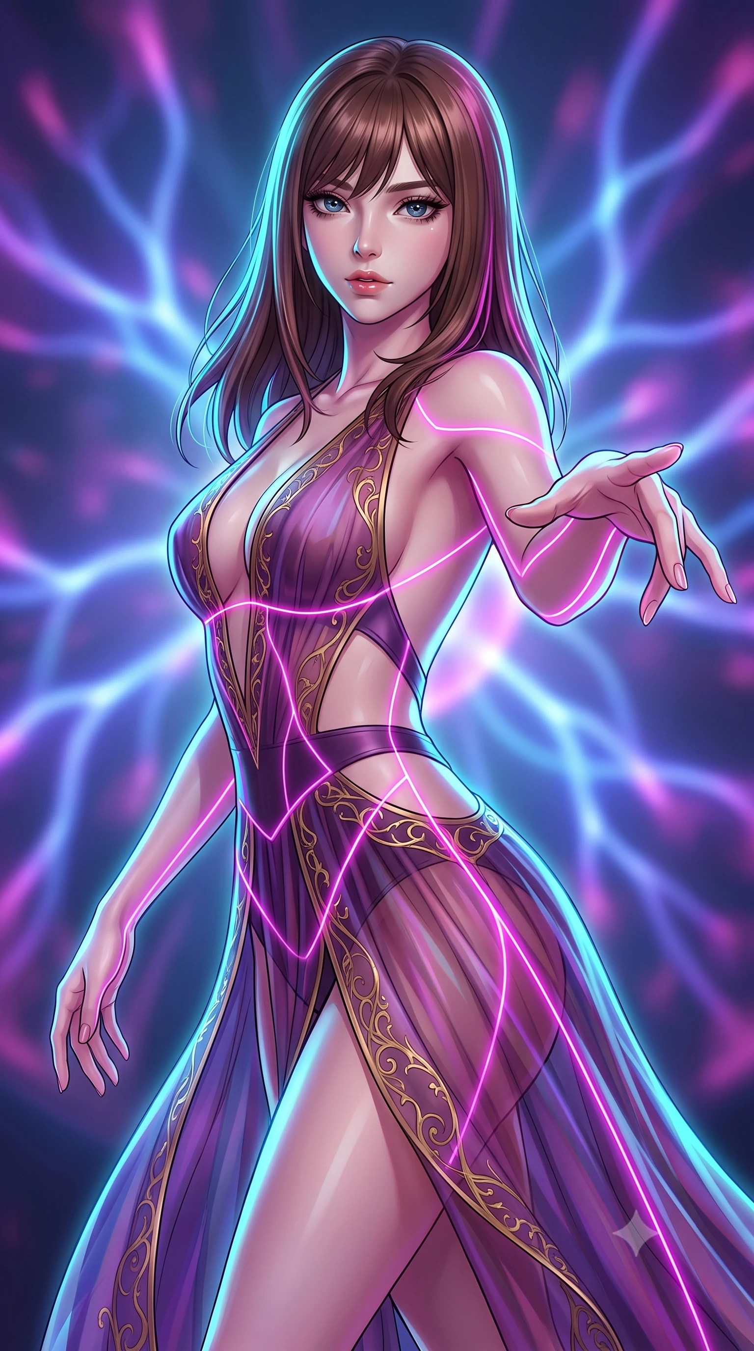 score_9, masterpiece, best quality, ultra-detailed, high-budget anime keyframe, editorial fashion photography, tasteful artistic composition, Korean woman. close-up cowboy shot from the waist and thighs up, the character dominates the composition, filling the frame with her large presence, background elements kept in soft focus. Reaching her hand gracefully toward the camera with magnetic allure, her torso turning in a dynamic S-curve alignment while pivoting in a mid-stride turn as neon magenta laser lines trace her statuesque curves, glowing plasma arcs pulsating rhythmically in the background atmosphere. She has an exceptionally elegant, slender, and willowy female figure with an ultra-slim waist, a gracefully sculpted slender torso, and a refined silhouette. sharp v-shaped jawline, high-bridge nose, intricate jewel-like eyes with depth, thick eyelashes, glossy lips with a natural sheen, flawlessly proportioned anatomical accuracy, natural body alignment, perfectly sculpted elegant limbs, clean dynamic posture without body distortion. wearing a translucent iridescent chiffon gown with a plunging neckline and open back in plum purple and gold filigree, formed from sleek second-skin neoprene, featuring clean architectural cutouts along her slender torso, the elegant draped fit framing her graceful clavicle and slender torso. bathed in brilliant neon cyan and magenta rim light with clean white key light. highly saturated vibrant anime colors, detailed shading with soft gradients, rich glossy textures, high-contrast stereoscopic depth, volumetric dynamic lighting, master piece, 9:16 ratio