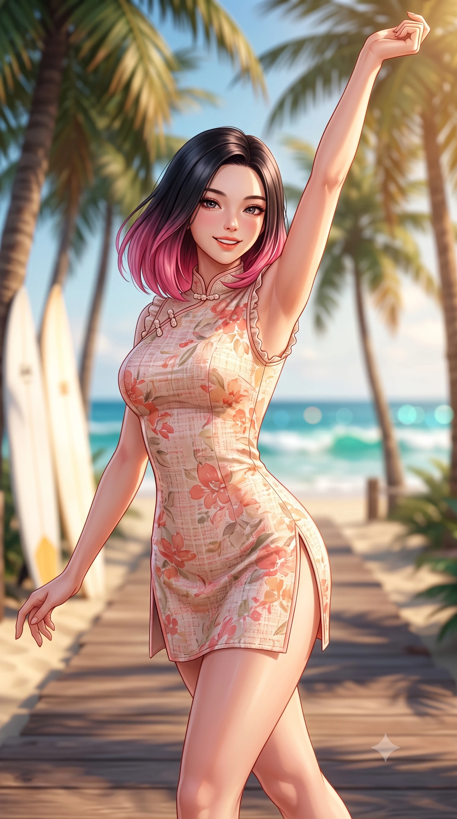 score_9, masterpiece, best quality, ultra-detailed, high-budget anime keyframe, semi-realistic 3D game render, editorial fashion photography, tasteful artistic composition, Korean woman. close-up cowboy shot from the waist and thighs up, the character dominates the composition, filling the frame with her large presence. playfully stretching one arm overhead toward the sun, her radiant smile capturing fresh girlhood charm while her arched torso reveals an intoxicating hip contour while striding cheerfully along the wooden boardwalk leading through a shaded coconut palm grove, arching her back with an infectious sun-kissed smile. The composition keeps background elements in soft focus with dreamy creamy bokeh. swaying coconut palm groves, white surf shack boards, and turquoise Pacific breakers blurred into jade, cyan, and golden amber bokeh. She has an exceptionally elegant, slender, and willowy female figure with an ultra-slim waist, flat toned midriff, narrow ribcage, and sculpted feminine hips creating an alluring, slim hourglass silhouette without bulk. sharp v-shaped jawline, high-bridge nose, intricate jewel-like sparkling eyes with depth, thick eyelashes, glossy parted lips with a natural peach sheen, bright cheerful beaming smile with an enchanting and coquettish sensual glint, exuding both youthful cute charm and seductive allure, flawlessly proportioned anatomical accuracy, strict slender model proportions, natural body alignment, perfectly sculpted long slender limbs, ultra-slim waistline, clean dynamic posture without body distortion. wearing a modern cute qipao mini dress with double side slits ascending to the hip in pastel floral silk in warm coral pink and soft oatmeal beige, tailored from soft pastel tweed with subtle metallic shimmer, finished with subtle ruffle trims and delicate pearl buttons, the precision-cut side openings and low-back scoop framing her graceful spine and the sensual sweep of her slim, toned hips. illuminated by warm sand specular reflections sharply carving her razor-sharp jawline, narrow waist, and curvy hips. highly saturated vibrant anime colors, detailed shading with soft gradients, rich glossy textures, high-contrast stereoscopic depth, volumetric dynamic lighting, master piece, 9:16 ratio