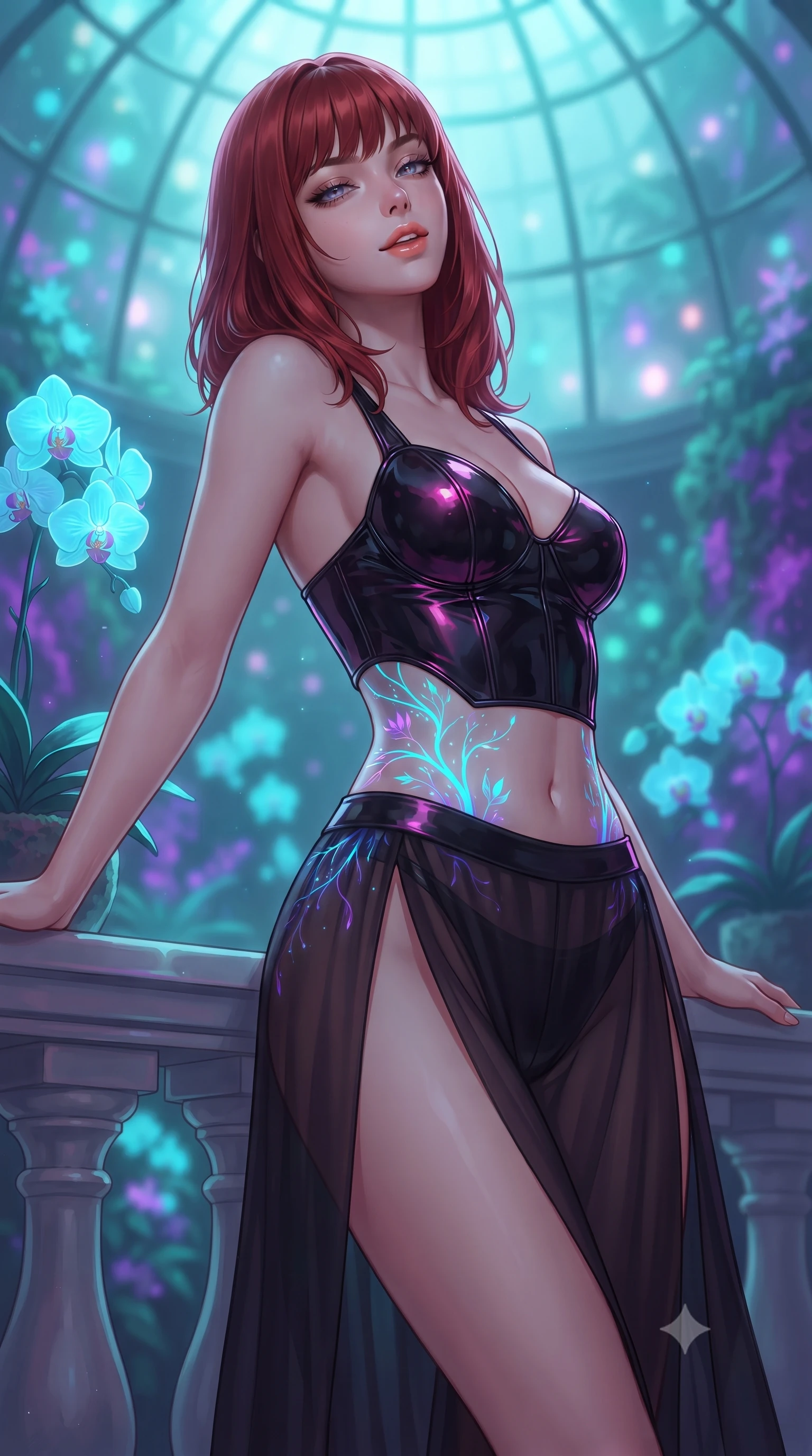 score_9, masterpiece, best quality, ultra-detailed, high-budget anime keyframe, editorial fashion photography, tasteful artistic composition, Caucasian woman. close-up cowboy shot from the waist and thighs up, the character dominates the composition, filling the frame with her large presence. leaning back against the balustrade with relaxed seductive grace, head tilted back slightly while casting a hypnotic, heavy-lidded gaze while twisting her slender torso in an alluring S-curve, bioluminescent cyan and violet plant glows tracing her flat midriff and curvy hips. The background shows a soft-focus glowing neon-cyan orchids, pulsating ultraviolet moss walls, and soaring curved glass dome above blurred into teal, amethyst, and platinum bokeh. She has an exceptionally elegant, slender, and willowy female figure with an ultra-slim waist, flat toned midriff, narrow ribcage, and sculpted feminine hips creating an alluring, slim hourglass silhouette without bulk. sharp v-shaped jawline, high-bridge nose, sparkling eyes with hypnotic seductive depth, thick curled eyelashes, glossy parted lips with a natural dewy peach sheen, alluring bedroom-eyes with an enchanting coquettish smile, exuding magnetic siren charisma and sophisticated glamour, flawlessly proportioned anatomical accuracy, strict slender model proportions, natural body alignment, perfectly sculpted long slender limbs, ultra-slim waistline, clean dynamic posture without body distortion. wearing a wet-look form-fitting vinyl bustier paired with sheer chiffon high-slit wide-leg trousers in wet-look onyx black with electric magenta reflections, crafted from wet-look high-gloss vinyl fabric with dazzling specular surface reflections, finished with a thin velvet ribbon choker and a single teardrop diamond pendant, the precision-cut side openings and low-back scoop framing her graceful spine and the sensual sweep of her slim, toned hips. bathed in the ethereal glow of living bioluminescent plants mixed with soft greenhouse downlighting. ultra-reflective glossy finish, specular highlights, rich textural contrasts, high-contrast stereoscopic depth, volumetric dynamic lighting, 2k, ultra detail, master piece, 9:16 ratio