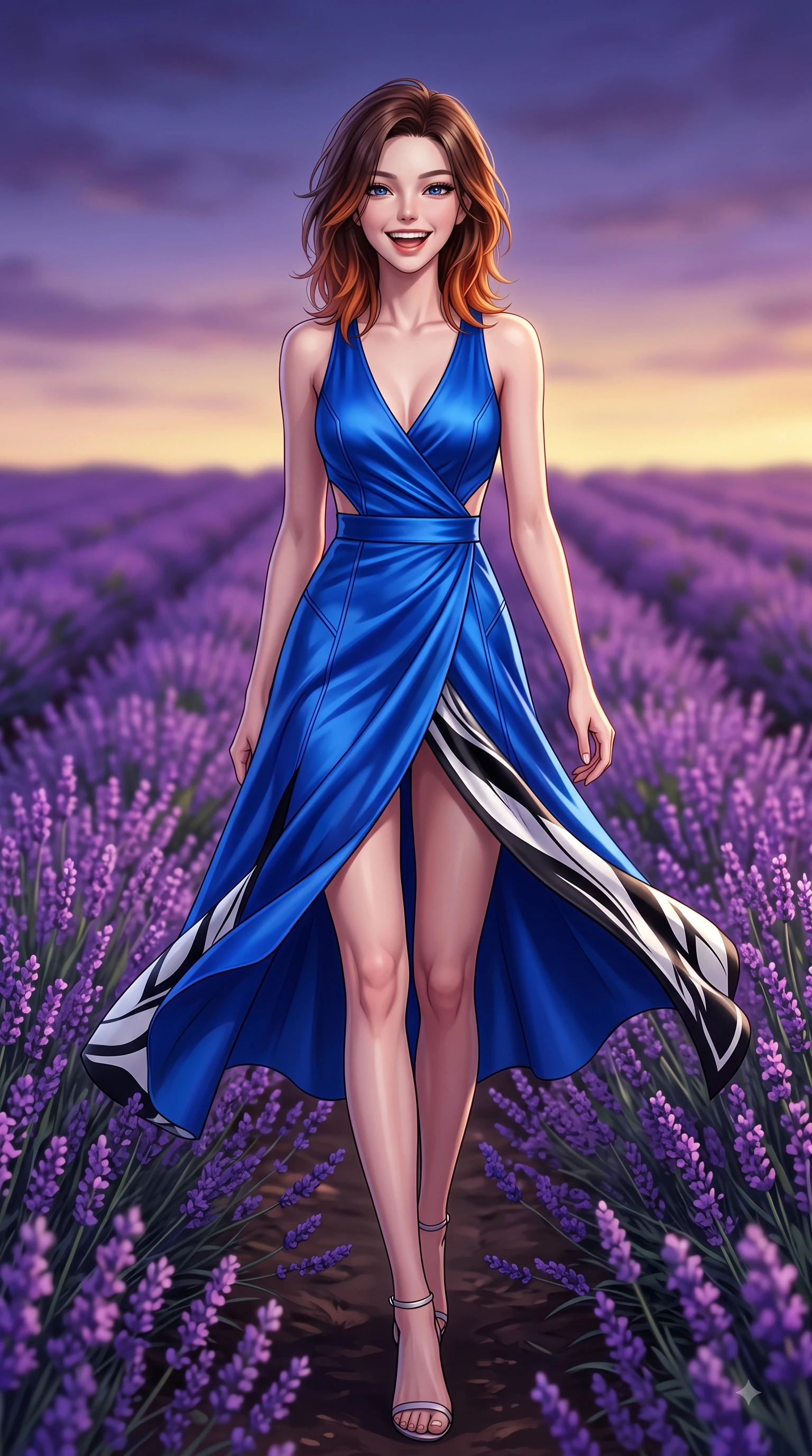 score_9, masterpiece, best quality, ultra-detailed, high-budget anime keyframe, editorial fashion photography, tasteful artistic composition, Korean woman. low angle full-body shot from head to toe showing her feet, filling the entire 9:16 vertical frame with her statuesque presence, stretching her vertical silhouette. Beaming joyful energy with a infectious laughter that brightens the entire composition while walking gracefully through an endless field of blooming purple lavender under a twilight sky. The composition keeps background elements in soft focus with dreamy bokeh. swaying flower stems and soft twilight skies softened by gentle shallow depth of field. She has an absolutely perfect, statuesque 8.5-heads proportion, an exceptionally tall and slender model-like female figure with impossibly long slender legs and an ultra-slim waist. sharp v-shaped jawline, high-bridge nose, intricate jewel-like eyes with depth, thick eyelashes, glossy lips with a natural sheen, flawlessly proportioned anatomical accuracy, natural body alignment, perfectly sculpted elegant limbs, clean dynamic posture without body distortion. wearing an electric cobalt blue silk wrap dress with a graceful flowing hem in monochrome white and glossy black contrast, crafted from smooth liquid silk satin, complemented by clean architectural seams and subtle cutouts, the sleek second-skin fit accentuating her magnetic presence. surrounded by a romantic, dreamy, and painterly nature editorial atmosphere. highly saturated vibrant anime colors, detailed shading with soft gradients, rich glossy textures, high-contrast stereoscopic depth, volumetric dynamic lighting, master piece, 9:16 ratio