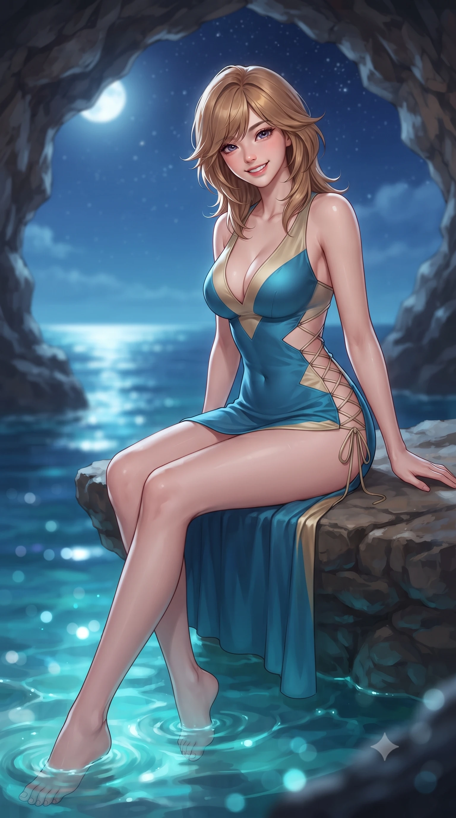 score_9, masterpiece, best quality, ultra-detailed, high-budget anime keyframe, editorial fashion photography, tasteful artistic composition, Korean woman. close-up cowboy shot from the waist and thighs up, the character dominates the composition, filling the frame with her large presence. tilting her head with a teasing half-smile, running one hand slowly down the side of her hip in a flirtatious S-curve as ambient light caresses her silhouette while sitting gracefully on the natural stone shelf propped on one hand, her long slender legs trailing in the illuminated turquoise tide. The background shows a soft-focus open moonlit Mediterranean sea framed by rugged cavern arch, starry night sky, and bioluminescent tide glows blurred into deep indigo, turquoise, and silver bokeh. She has an exceptionally elegant, slender, and willowy female figure with an ultra-slim waist, flat toned midriff, narrow ribcage, and sculpted feminine hips creating an alluring, slim hourglass silhouette without bulk. sharp v-shaped jawline, high-bridge nose, intricate jewel-like sparkling eyes with depth, thick eyelashes, glossy parted lips with a natural peach sheen, bright cheerful beaming smile with an enchanting and coquettish sensual glint, exuding both youthful cute charm and seductive allure, flawlessly proportioned anatomical accuracy, strict slender model proportions, natural body alignment, perfectly sculpted long slender limbs, ultra-slim waistline, clean dynamic posture without body distortion. wearing a cut-out liquid jersey resort dress with geometric side-waist openings and a plunging sweetheart neckline in Monaco Mediterranean azure blue and champagne gold, made of fluid liquid jersey with seamless sculpting hold and smooth contours, featuring fine criss-cross lace-up side ties revealing tantalizing glimpses of her hip curve, the form-contouring silhouette accentuating her sculpted flat midriff, narrow delicate ribcage, and gracefully curvy hips with intoxicating allure. illuminated by water caustics bounce and sharp platinum-cyan rim lights defining her razor-sharp jawline, narrow waist, and curvy hips. ultra-reflective glossy finish, specular highlights, rich textural contrasts, high-contrast stereoscopic depth, volumetric dynamic lighting, 2k, ultra detail, master piece, 9:16 ratio