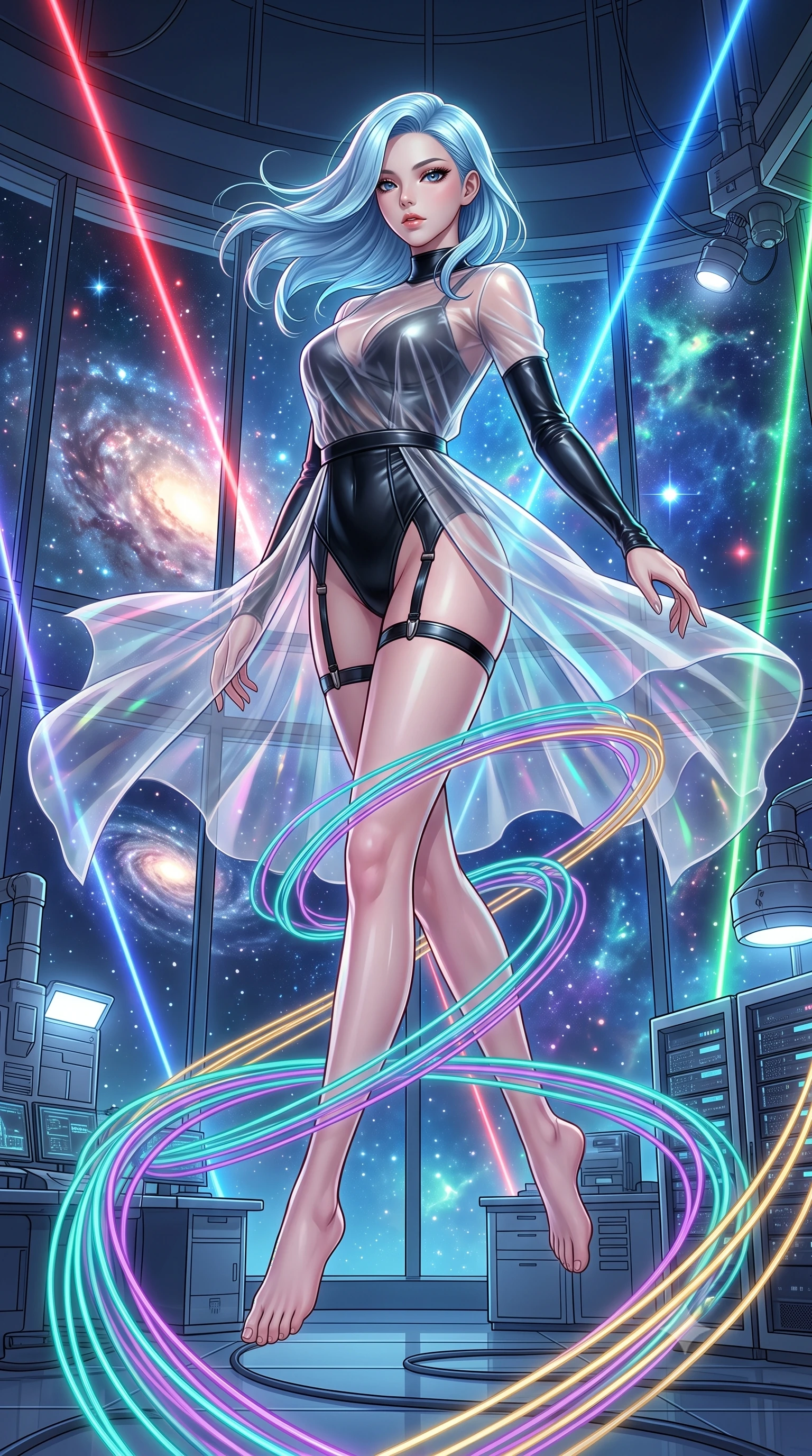 score_9, masterpiece, best quality, ultra-detailed, high-budget anime keyframe, editorial fashion photography, tasteful artistic composition, Korean woman. low angle full-body shot from head to toe showing her feet, filling the entire 9:16 vertical frame with her statuesque presence, stretching her vertical silhouette. leaping gracefully through the environment with statuesque elegance and long slender legs threading neon fiber-optic ribbons in a futuristic laboratory room, starlight and cosmic nebula clouds glowing through the floor-to-ceiling glass. She has an absolutely perfect, statuesque 8.5-heads proportion, an exceptionally tall and slender model-like female figure with impossibly long slender legs and an ultra-slim waist. sharp v-shaped jawline, high-bridge nose, intricate jewel-like eyes with depth, thick eyelashes, glossy lips with a natural sheen. wearing a semi-opaque sheer overlay dress over a sleek leather micro-bodysuit with garter details, the glove-like fit emphasizing her statuesque silhouette. lit by bright volumetric laser beams and soft specular highlights. highly saturated vibrant anime colors, detailed shading with soft gradients, rich glossy textures, high-contrast stereoscopic depth, volumetric dynamic lighting, master piece, 9:16 ratio
