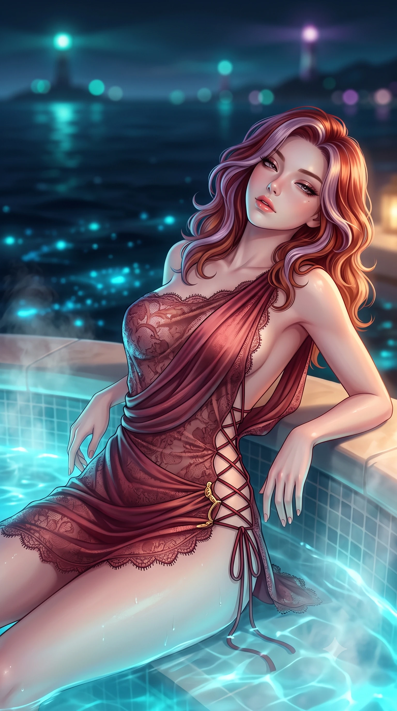 score_9, masterpiece, best quality, ultra-detailed, high-budget anime keyframe, semi-realistic 3D game render, editorial fashion photography, tasteful artistic composition, Caucasian woman. close-up cowboy shot from the waist and thighs up, the character dominates the composition, filling the frame with her large presence. leaning back against the steaming jacuzzi edge with relaxed seductive grace, head tilted back slightly while casting a hypnotic, heavy-lidded gaze while lounging on the submerged pool tanning shelf propped on one elbow, her flat midriff and long slender limbs commanding the moonlit coastal vista. The background shows a soft-focus the vast obsidian sea dotted with glowing bioluminescent plankton and distant island lighthouses blurred into teal, cyan, and amethyst bokeh. She has an exceptionally elegant, slender, and willowy female figure with an ultra-slim waist, flat toned midriff, narrow ribcage, and sculpted feminine hips creating an alluring, slim hourglass silhouette without bulk. sharp v-shaped jawline, high-bridge nose, sparkling eyes with hypnotic seductive depth, thick curled eyelashes, glossy parted lips with a natural dewy peach sheen, alluring bedroom-eyes with an enchanting coquettish smile, exuding magnetic siren charisma and sophisticated high-fashion glamour, flawlessly proportioned anatomical accuracy, strict slender model proportions, natural body alignment, perfectly sculpted long slender limbs, ultra-slim waistline, clean dynamic posture without body distortion. wearing a draped Greek-goddess style silk chiffon mini toga dress with an open back and golden hip fibula in smoldering crimson wine and deep rose-gold, made of delicate semi-sheer French Chantilly lace with intricate eyelash edges, featuring fine criss-cross lace-up side ties revealing tantalizing glimpses of her hip curve, the form-contouring silhouette accentuating her sculpted flat midriff, narrow delicate ribcage, and gracefully curvy hips with intoxicating allure. bathed in eerie glowing cyan bioluminescence from the water mixed with warm villa patio lighting. highly saturated vibrant anime colors, detailed shading with soft gradients, rich glossy textures, high-contrast stereoscopic depth, volumetric dynamic lighting, master piece, 9:16 ratio