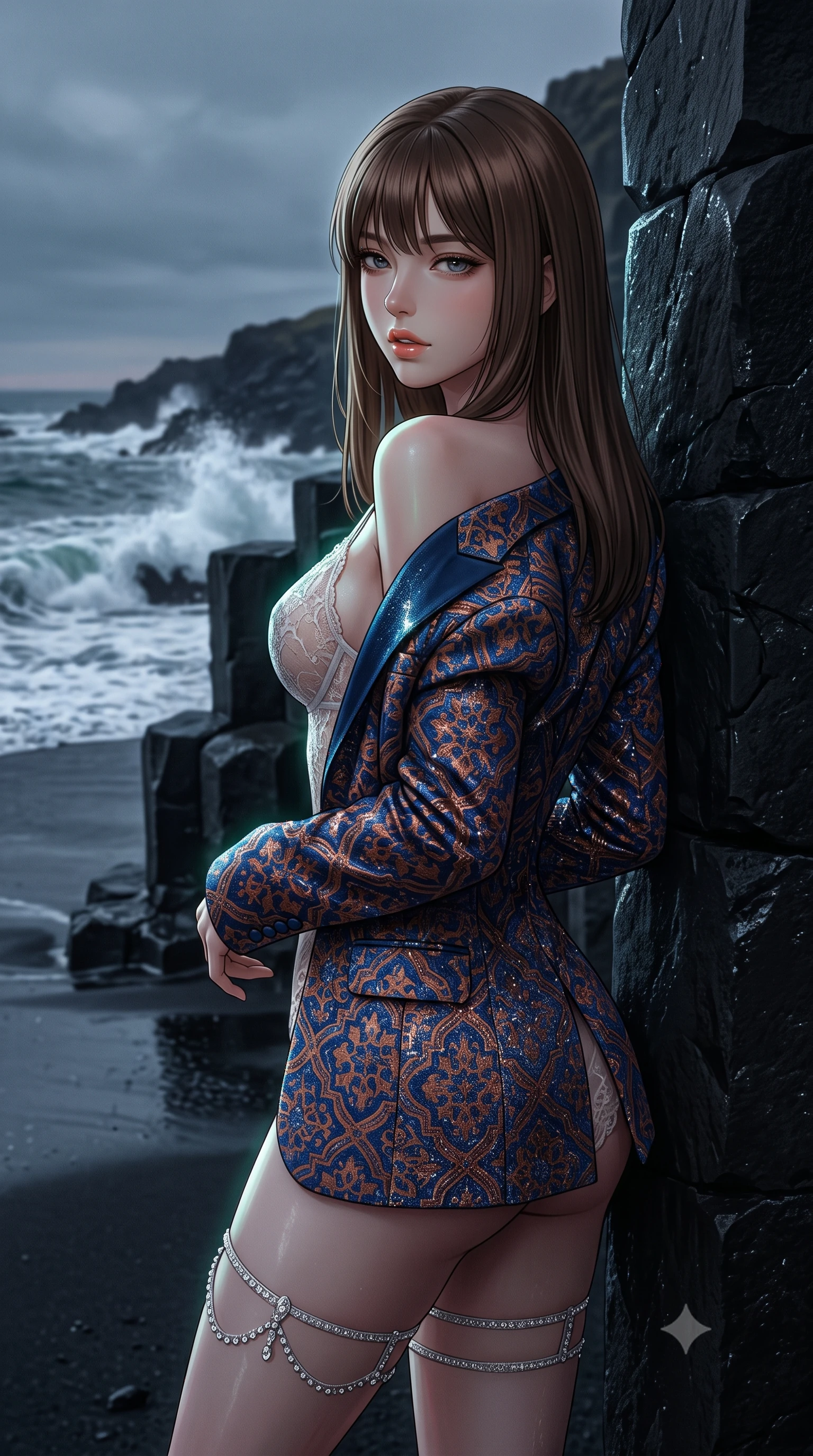 score_9, masterpiece, best quality, ultra-detailed, high-budget anime keyframe, editorial fashion photography, tasteful artistic composition, Korean woman. close-up cowboy shot from the waist and thighs up, the character dominates the composition, filling the frame with her large presence. posing in an alluring rear three-quarter angle, looking over a bare shoulder with parted glossy lips, her hips cocked back to highlight her slim hourglass curve while leaning against the smooth geometric basalt rock pillar with hips cocked back, looking out at crashing North Atlantic whitecaps with smoldering bedroom-eyes. The surrounding environment is rendered in vivid detail and crisp panoramic clarity: detailed garment texture, windblown draping, and dramatic geological formations in high resolution. She has an exceptionally elegant, slender, and willowy female figure with an ultra-slim waist, flat toned midriff, narrow ribcage, and sculpted feminine hips creating an alluring, slim hourglass silhouette without bulk. sharp v-shaped jawline, high-bridge nose, intricate jewel-like sparkling eyes with depth, thick eyelashes, glossy parted lips with a natural peach sheen, bright cheerful beaming smile with an enchanting and coquettish sensual glint, exuding both youthful cute charm and seductive allure, flawlessly proportioned anatomical accuracy, strict slender model proportions, natural body alignment, perfectly sculpted long slender limbs, ultra-slim waistline, clean dynamic posture without body distortion. wearing a delicate sheer French Chantilly lace teddy layered under an open tailored tuxedo blazer draped over bare shoulders in Andalusian Alhambra azulejo cobalt and warm terracotta copper, woven from stretch metallic lurex jersey casting radiant starlight glints across her curves, finished with delicate crystal-encrusted thigh garter straps glinting in the dim light, the impeccably tailored cut draping gracefully along her slender figure with aristocratic poise. illuminated by wet black sand reflection sheen and sharp emerald-platinum rim lights defining her dewy collarbones, ultra-slim waist, and curvy hips. ultra-reflective glossy finish, specular highlights, rich textural contrasts, high-contrast stereoscopic depth, volumetric dynamic lighting, 2k, ultra detail, master piece, 9:16 ratio