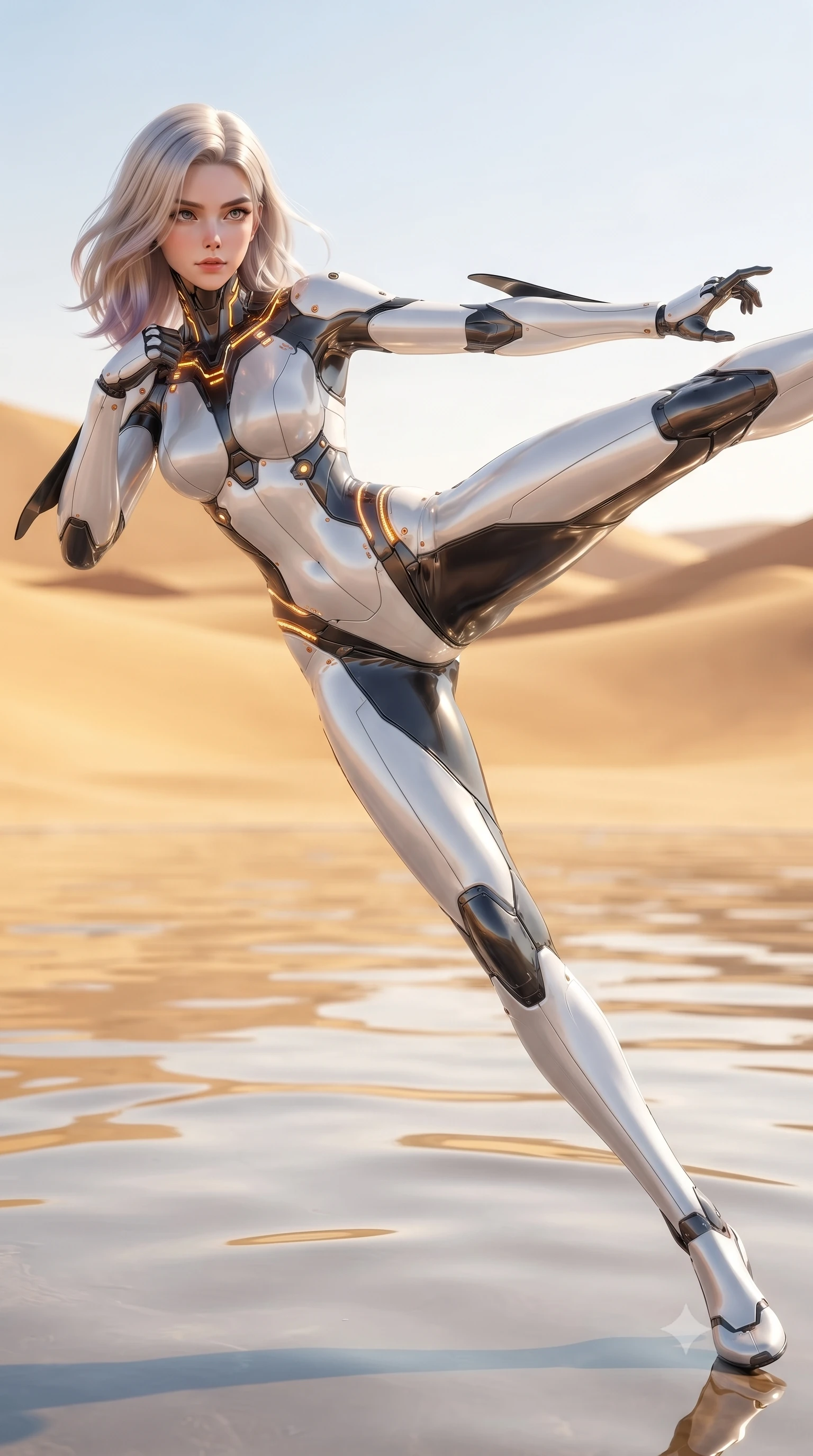 score_9, masterpiece, best quality, ultra-detailed, high-budget anime keyframe, editorial fashion photography, tasteful artistic composition, Caucasian woman. low angle full-body shot from head to toe showing her feet, filling the entire 9:16 vertical frame with her statuesque presence, stretching her vertical silhouette. pivoting dynamically in a high-speed low sweep kick along the reflective floor, her athletic torso and ultra-slim waist twisting in a fluid arc of power while arching her back gracefully in mid-air with an athletic leap, her impossibly long slender legs stretched in flawless martial form. The surrounding environment is rendered in vivid detail and crisp panoramic clarity. vibrant high-contrast desert arena lighting and heroic warrior aesthetics rendered in panoramic precision. She has an absolutely perfect, statuesque 8.5-heads proportion, an exceptionally tall and slender model-like female figure with impossibly long slender legs, a toned flat midriff, and an ultra-slim waist. sharp v-shaped jawline, high-bridge nose, intricate jewel-like eyes with depth, thick eyelashes, glossy lips with a natural sheen, flawlessly proportioned anatomical accuracy, strict slender model proportions, natural body alignment, perfectly sculpted long slender limbs, ultra-slim waistline, clean dynamic posture without body distortion. wearing a high-contrast monochrome white-and-black carbon-composite exoskeleton suit with glowing amber circuitry and aerodynamic limb fins in monochrome white enamel carbon with high-contrast black panels, crafted from ultra-strong woven carbon-fiber composite with a satin luster, accented with glowing fiber-optic conduits tracing her collarbones and hip curves, the liquid-tight tailored fabric emphasizing every curve of her tall, slender model proportions and sculptured silhouette during dynamic movement. bathed in brilliant midday desert sunshine and warm golden sand surface reflections. ultra-reflective glossy finish, specular highlights, dark metallic sheen, high-contrast stereoscopic depth, volumetric dynamic lighting, 2k, ultra detail, master piece, 9:16 ratio