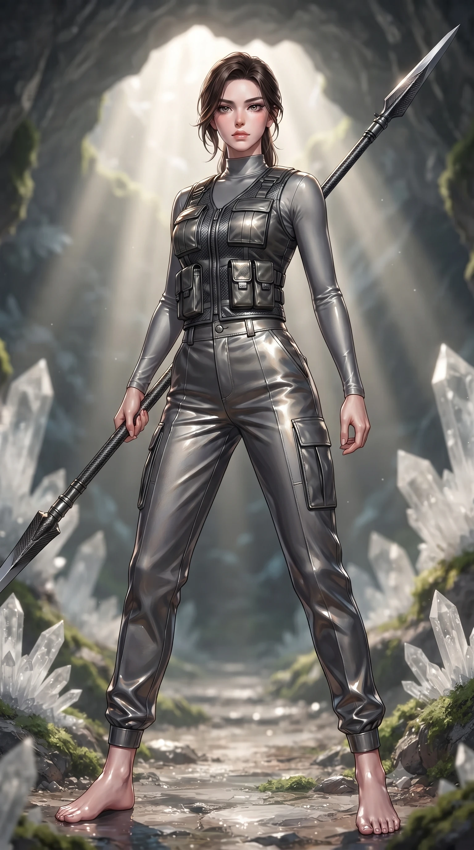 score_9, masterpiece, best quality, ultra-detailed, high-budget anime keyframe, editorial fashion photography, tasteful artistic composition, Korean woman. low angle full-body shot from head to toe showing her feet, filling the entire 9:16 vertical frame with her statuesque presence, stretching her vertical silhouette. standing in a dynamic combat stance with a carbon-fiber spear held diagonally, stretching her statuesque body, the background shows a soft-focus a cavern crystal path bordered by sharp quartz formations and moss. She has an absolutely perfect, statuesque 8.5-heads proportion, an exceptionally tall and slender model-like female figure with impossibly long slender legs and an ultra-slim waist. sharp v-shaped jawline, high-bridge nose, intricate jewel-like eyes with depth, thick eyelashes, glossy lips with a natural sheen. wearing a tailored rugged carbon-alloy utility vest over a long-sleeve high-neck grey compression shirt and matching cargo slacks. stark afternoon sunbeams slicing through a cave opening, creating sharp shadows. ultra-reflective glossy finish, specular highlights, metallic sheen, high-contrast stereoscopic depth, volumetric dynamic lighting, 2k, ultra detail, master piece, 9:16 ratio