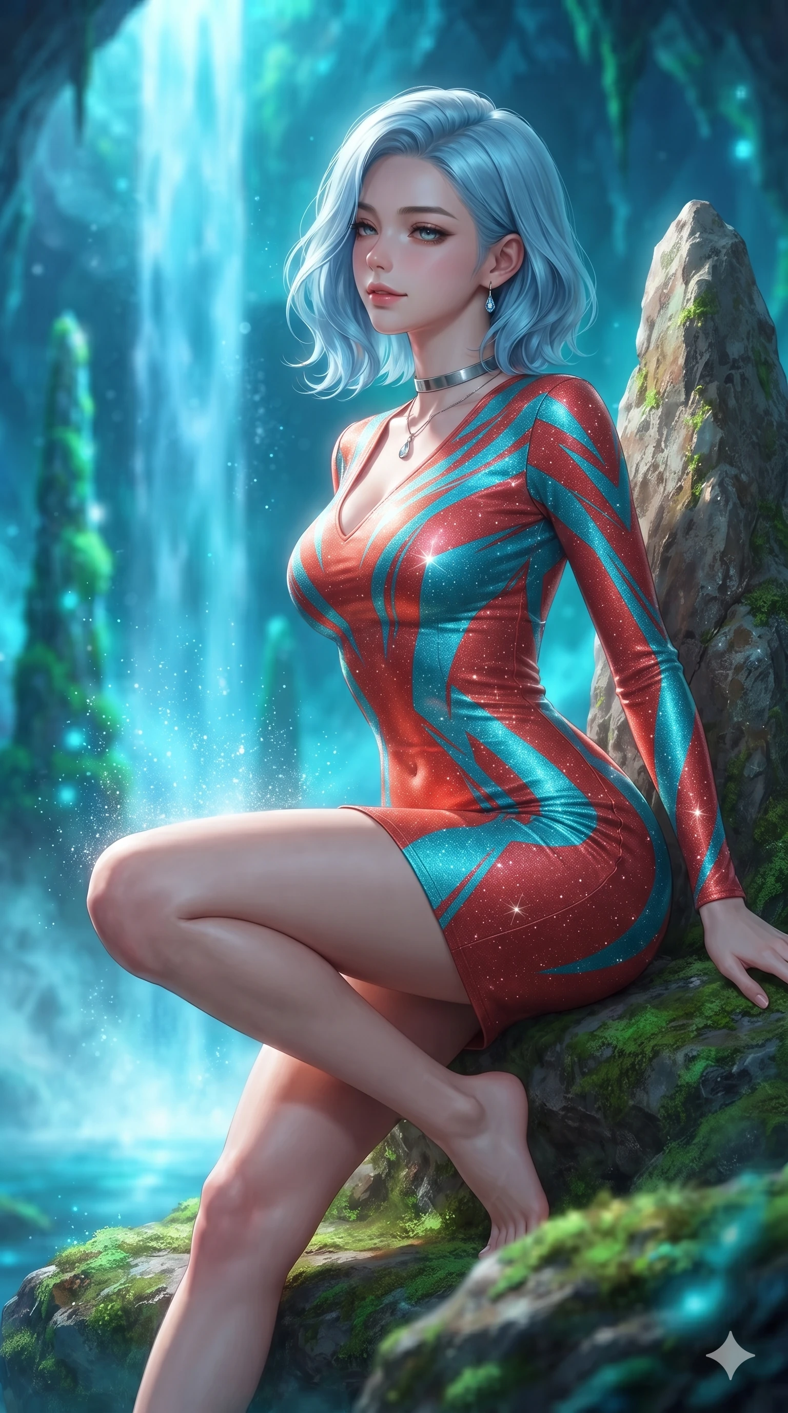 score_9, masterpiece, best quality, ultra-detailed, high-budget anime keyframe, semi-realistic 3D game render, editorial fashion photography, tasteful artistic composition, Korean woman. close-up cowboy shot from the waist and thighs up, the character dominates the composition, filling the frame with her large presence. perched sideways on the lounge seat, one knee drawn up to showcase her slender leg line while her arched back accentuates her feminine hip curve while leaning against the moss-covered rock needle with hips cocked back, watching glowing azure water cascades splash into luminous mist with heavy-lidded bedroom-eyes. The background shows a soft-focus cascading luminescent blue waterfalls, glowing cyan moss on vertical spires, and swirling cavern mists blurred into electric blue, turquoise, and jade bokeh. She has an exceptionally elegant, slender, and willowy female figure with an ultra-slim waist, flat toned midriff, narrow ribcage, and sculpted feminine hips creating an alluring, slim hourglass silhouette without bulk. sharp v-shaped jawline, high-bridge nose, intricate jewel-like sparkling eyes with depth, thick eyelashes, glossy parted lips with a natural peach sheen, bright cheerful beaming smile with an enchanting and coquettish sensual glint, exuding both youthful cute charm and seductive allure, flawlessly proportioned anatomical accuracy, strict slender model proportions, natural body alignment, perfectly sculpted long slender limbs, ultra-slim waistline, clean dynamic posture without body distortion. wearing a glove-like stretch lambskin leather sheath dress accentuating her ultra-slim waistline without bulk in cyber-shinto vermilion and laser turquoise, woven from stretch metallic lurex jersey casting radiant starlight glints across her curves, finished with a minimalist chrome choker and a single teardrop diamond pendant, the liquid-tight tailored fabric clinging flawlessly to her narrow waist and rounded feminine hips, emphasizing every millimeter of her sculpted slim hourglass curves without any bulky heaviness. illuminated by waterfall spray bounce and sharp cyan-white rim lights defining her jawline, narrow waist, and curvy hips. highly saturated vibrant anime colors, detailed shading with soft gradients, rich glossy textures, high-contrast stereoscopic depth, volumetric dynamic lighting, master piece, 9:16 ratio