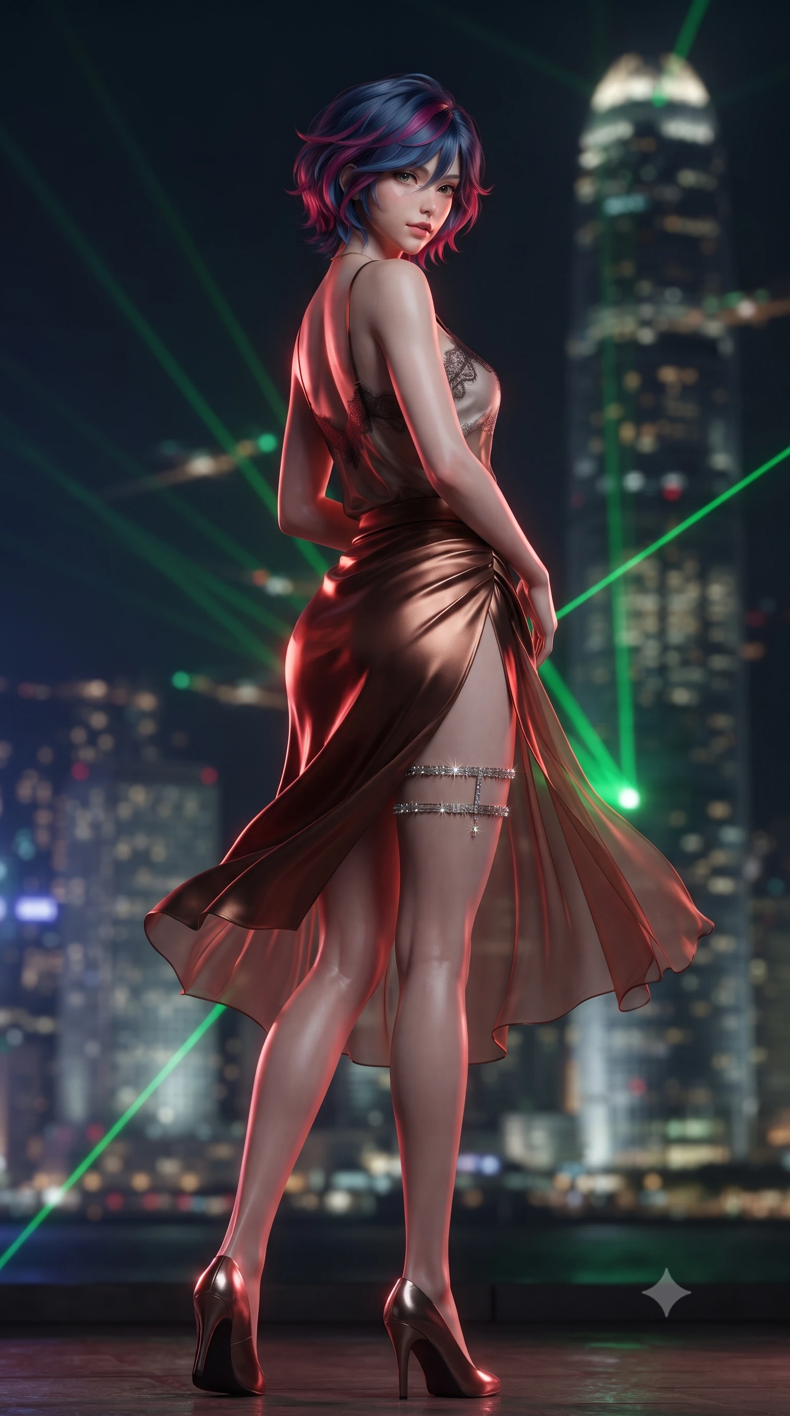 score_9, masterpiece, best quality, ultra-detailed, high-budget anime keyframe, editorial fashion photography, tasteful artistic composition, Korean woman. low angle full-body shot from head to toe showing her feet, filling the entire 9:16 vertical frame with her statuesque presence, stretching her vertical silhouette. executing a slow, graceful pivot turn as her skirt sways around her slender legs, glancing back with an enchanting, teasing sensual expression while twisting her slender torso in an alluring contrapposto stance, sweeping green laser beams and red neon reflections tracing her curves. The background shows a soft-focus towering illuminated skyscrapers of Victoria Harbour, green laser light shows, and floating air-taxi trails blurred into emerald, ruby, and gold bokeh. She has an absolutely perfect, statuesque 8.5-heads proportion, an exceptionally tall and slender model-like female figure with impossibly long slender legs, an ultra-slim waist, a flat toned midriff, narrow delicate ribcage, and beautifully sculpted feminine hips creating a graceful, slim hourglass silhouette without any bulky heaviness. sharp v-shaped jawline, high-bridge nose, sparkling eyes with hypnotic seductive depth, thick curled eyelashes, glossy parted lips with a natural dewy peach sheen, alluring bedroom-eyes with an enchanting coquettish smile, exuding magnetic siren charisma and sophisticated glamour, flawlessly proportioned anatomical accuracy, strict slender model proportions, natural body alignment, perfectly sculpted long slender limbs, ultra-slim waistline, clean dynamic posture without body distortion. wearing a delicate lace-trimmed silk camisole paired with a draped satin wrap sarong mini skirt with high side slit in sultry espresso bronze and metallic copper, made of sheer gossamer chiffon that drapes softly against skin with airy translucence, finished with delicate crystal-encrusted thigh garter straps glinting in the dim light, the second-skin tailored fabric adhering flawlessly to her sculpted flat midriff and slender torso, emphasizing her long leg lines and perfectly proportioned willowy build. illuminated by wet terrace specular reflections and sharp emerald-magenta rim lights sculpting her razor-sharp jawline, narrow waist, and curvy hips. ultra-reflective glossy finish, specular highlights, rich textural contrasts, high-contrast stereoscopic depth, volumetric dynamic lighting, 2k, ultra detail, master piece, 9:16 ratio