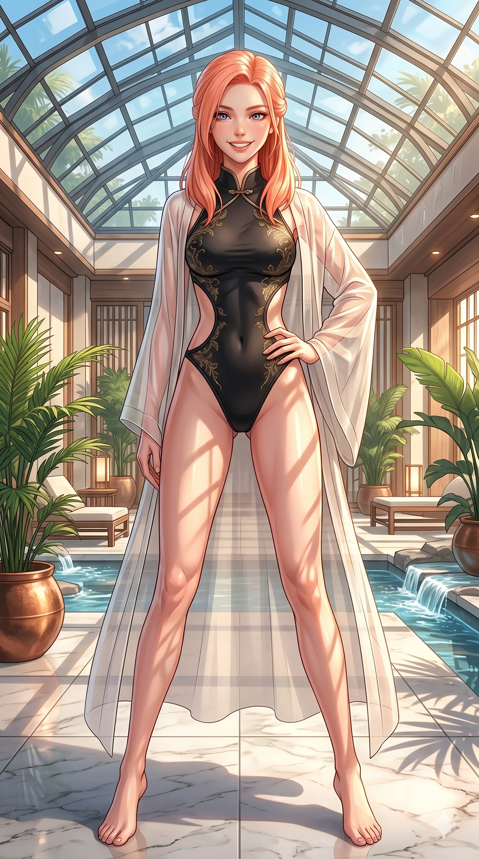 score_9, masterpiece, best quality, ultra-detailed, high-budget anime keyframe, vibrant anime aesthetic, Japanese woman. cowboy shot from the thighs up, character and outfit filling the frame for maximum presence. She is standing proud in the sun, her lips curved in a warm, lively grin inside a luxury spa lounge with sunlit streams (Code-P20-106). She has an absolutely perfect 8-heads proportion, an exceptionally tall and slender female figure with impossibly long slender legs and an ultra-slim waist. V-shaped jawline, high-bridge nose, intricate jewel-like eyes with depth, thick eyelashes, glossy lips with a natural sheen. wearing a high-cut leg bodysuit with exposed waist. She is drenched in warm morning sunshine filtering through the conservatory glass, tracing her bare skin. 2k, ultra detail, master piece, 9:16 ratio