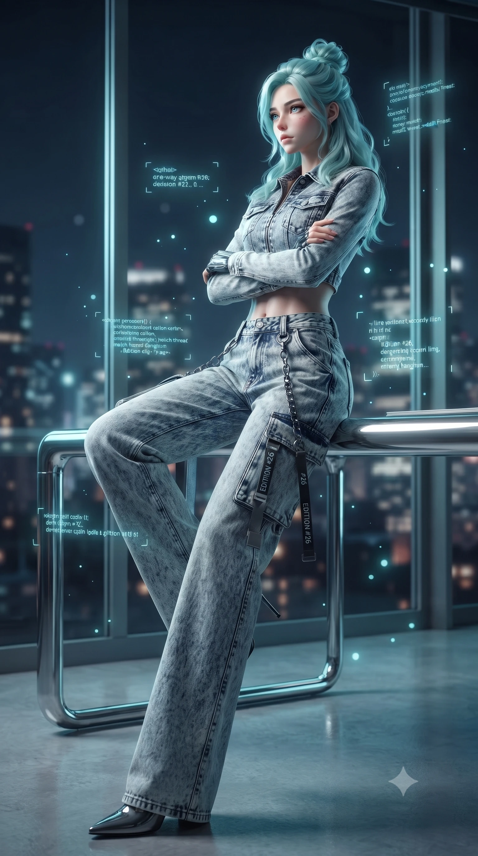 score_9, masterpiece, best quality, ultra-detailed, high-budget anime keyframe, editorial fashion photography, tasteful artistic composition, Japanese woman. low angle full-body shot from head to toe showing her feet, filling the entire 9:16 vertical frame with her statuesque presence, stretching her vertical silhouette. pivoting dynamically with supreme athletic balance and poise, her impossibly long slender legs creating a breathtaking line while sitting on the edge of a floating chrome desk with arms folded loosely, gazing through the one-way panoramic glass into the night. The composition keeps background elements in soft focus with creamy bokeh. glowing holographic code glyphs and UI particles scattering soft cyan light motes around her. She has an absolutely perfect, statuesque 8.5-heads proportion, an exceptionally tall and slender model-like female figure with impossibly long slender legs, a toned flat midriff, and an ultra-slim waist. sharp v-shaped jawline, high-bridge nose, intricate jewel-like eyes with depth, thick eyelashes, glossy lips with a natural sheen, captivating and magnetic expression, flawlessly proportioned anatomical accuracy, strict slender model proportions, natural body alignment, perfectly sculpted long slender limbs, ultra-slim waistline, clean dynamic posture without body distortion. wearing a deconstructed denim corseted crop jacket paired with high-waisted wide-leg utility jeans and a silver grommet belt in acid-wash light denim and dark chrome, tailored from distressed structured cotton denim with metallic thread, accented with hanging industrial clip straps and chrome chain links edition #26, the glove-like aerodynamic second-skin fit tightly clinging to her ultra-slender waist and athletic curves without adding bulk, accentuating her razor-sharp statuesque lines and slim hourglass silhouette. bathed in ambient cyan and ice-blue holographic screen glow combined with midnight city skylight. ultra-reflective glossy finish, specular highlights, rich textural contrasts, high-contrast stereoscopic depth, volumetric dynamic lighting, 2k, ultra detail, master piece, 9:16 ratio
