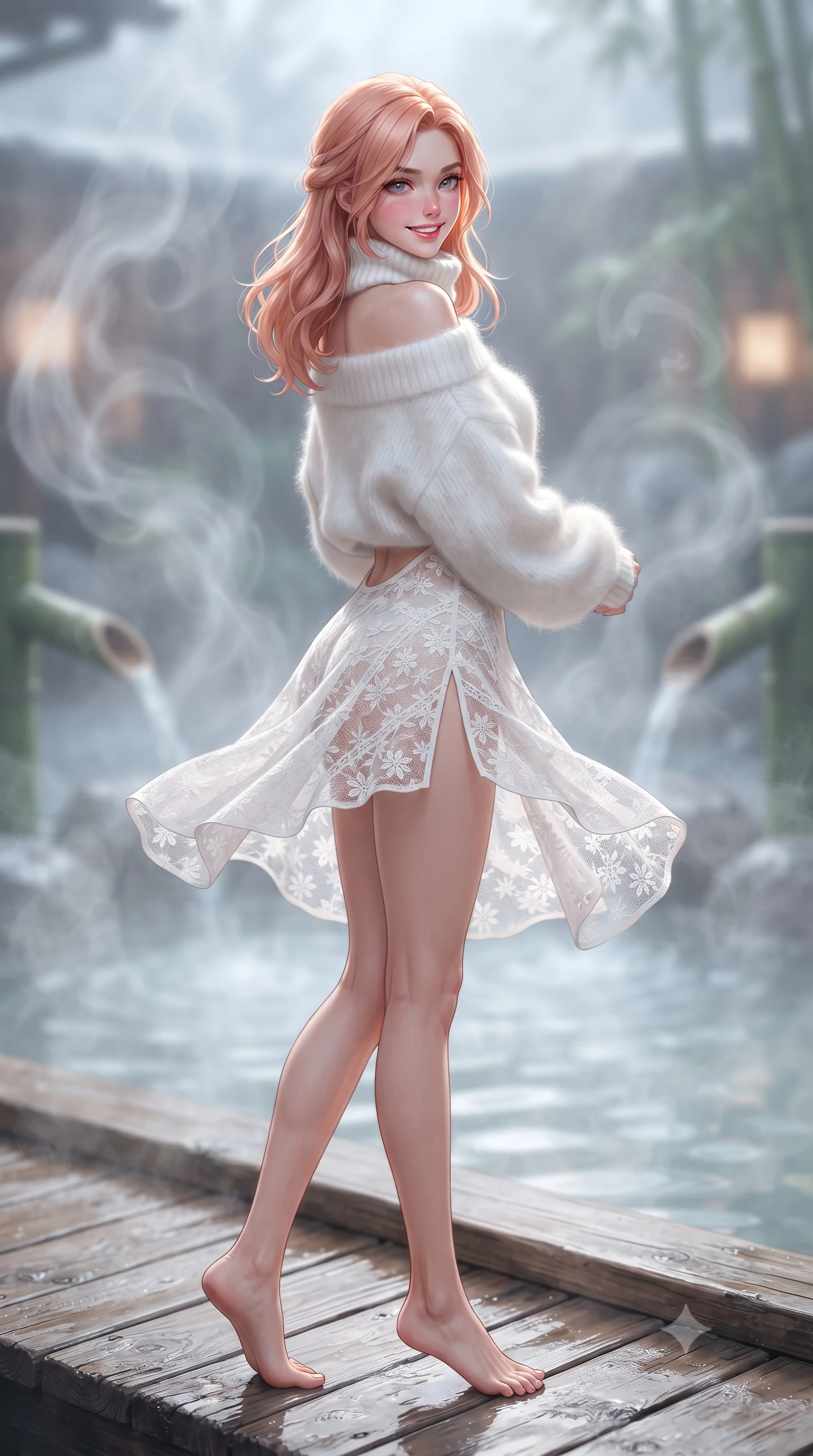 score_9, masterpiece, best quality, ultra-detailed, high-budget anime keyframe, editorial fashion photography, tasteful artistic composition, Japanese woman. low angle full-body shot from head to toe showing her feet, filling the entire 9:16 vertical frame with her statuesque presence, stretching her vertical silhouette. executing a cheerful mid-motion pivot turn as her winter skirt flutters around her slender legs, glancing over her shoulder with an intoxicating, teasing bedroom-gaze while standing poised at the cedar walkway edge with hips cocked back, looking over a bare shoulder with an alluring, mist-veiled bedroom-gaze. The composition keeps background elements in soft focus with dreamy creamy bokeh. swirling mineral onsen steam tendrils and gentle bamboo water spouts softened in Japanese winter onsen shallow focus. She has an exceptionally tall and slender model-like 8.5-heads proportion, an ultra-slim waist, a flat toned midriff, narrow delicate ribcage, and beautifully sculpted feminine hips creating a graceful, slim hourglass silhouette without any bulky heaviness, with impossibly long slender legs. sharp v-shaped jawline, high-bridge nose, sparkling ice-crystal eyes with depth, frosty thick lashes, glossy parted lips with a rosy berry sheen, bright playful smile with an intoxicating seductive glint, rosy flushed cheeks radiating cozy warmth and dangerous allure, flawlessly proportioned anatomical accuracy, strict slender model proportions, natural body alignment, perfectly sculpted long slender limbs, ultra-slim waistline, clean dynamic posture without body distortion. wearing a cozy oversized mohair turtleneck sweater falling off one bare shoulder over micro-shorts in pure snowflake white and icy silver shimmer, crafted from sheer delicate thermal stretch lace with snowflake floral motifs, accented with sculptural chrome hardware buckles framing the subtle cutouts, the precision-cut side openings and low-back scoop framing her graceful spine and the sensual sweep of her slim, toned hips. illuminated by steaming spring water caustics and crisp silver rim lighting sharply carving her razor-sharp jawline, narrow waist, and curvy hips. ultra-reflective glossy finish, specular highlights, rich textural contrasts, high-contrast stereoscopic depth, volumetric dynamic lighting, 2k, ultra detail, master piece, 9:16 ratio