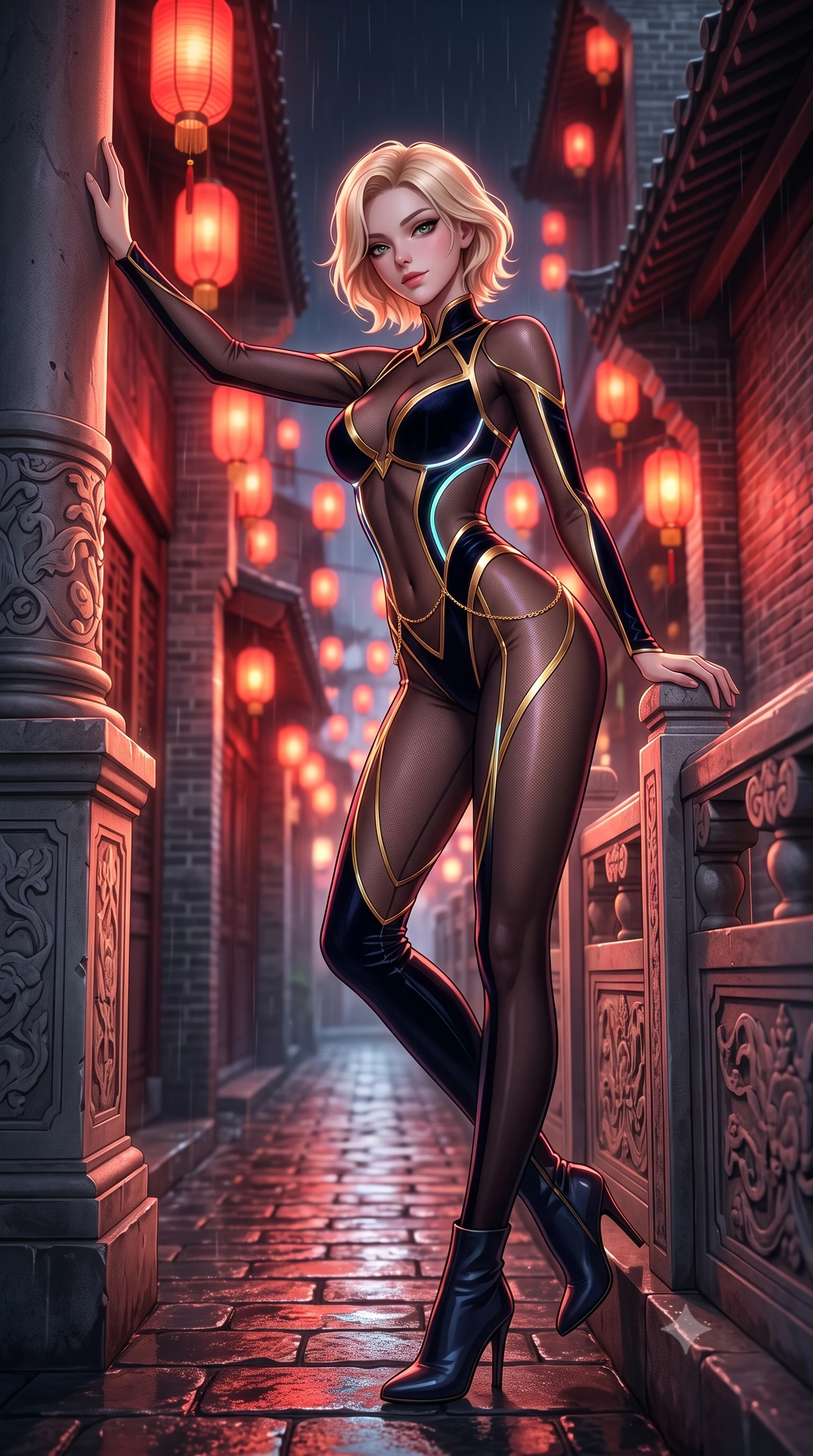 score_9, masterpiece, best quality, ultra-detailed, high-budget anime keyframe, semi-realistic 3D game render, editorial fashion photography, tasteful artistic composition, Caucasian woman. low angle full-body shot from head to toe showing her feet, filling the entire 9:16 vertical frame with her statuesque presence, stretching her vertical silhouette. standing tall beside the architectural column, one hand resting high while arching her lower back to emphasize her sculpted feminine hips and slender waist while leaning against the carved stone balustrade with hips cocked back, looking down at cobblestone alleyways with smoldering bedroom-eyes. The background shows a soft-focus red silk lanterns casting crimson glows on historic grey and red brickwork, wet cobblestone reflections, and dark tiled eaves blurred into vermilion, amber, and charcoal bokeh. She has an exceptionally tall and slender model-like 8.5-heads proportion, an ultra-slim waist, a flat toned midriff, narrow delicate ribcage, and beautifully sculpted feminine hips creating a graceful, slim hourglass silhouette without any bulky heaviness, with impossibly long slender legs. sharp v-shaped jawline, high-bridge nose, intricate jewel-like sparkling eyes with depth, thick eyelashes, glossy parted lips with a natural peach sheen, bright cheerful beaming smile with an enchanting and coquettish sensual glint, exuding both youthful cute charm and seductive allure, flawlessly proportioned anatomical accuracy, strict slender model proportions, natural body alignment, perfectly sculpted long slender limbs, ultra-slim waistline, clean dynamic posture without body distortion. wearing a provocative cyber-mesh sheer bodysuit with luminescent holographic fiber piping contouring her hourglass frame in Shanghai noir black and imperial 24k gold, tailored from ultra-plush silk velvet with rich tactile depth and deep shadow gradients, accented with a dainty gold belly chain resting across her flat midriff and curving hips, the second-skin tailored fabric adhering flawlessly to her sculpted flat midriff and slender torso, emphasizing her long leg lines and perfectly proportioned willowy build. bathed in the romantic red-and-gold 2200K glow of hanging silk lanterns contrasted with deep midnight rain ambient. highly saturated vibrant anime colors, detailed shading with soft gradients, rich glossy textures, high-contrast stereoscopic depth, volumetric dynamic lighting, master piece, 9:16 ratio