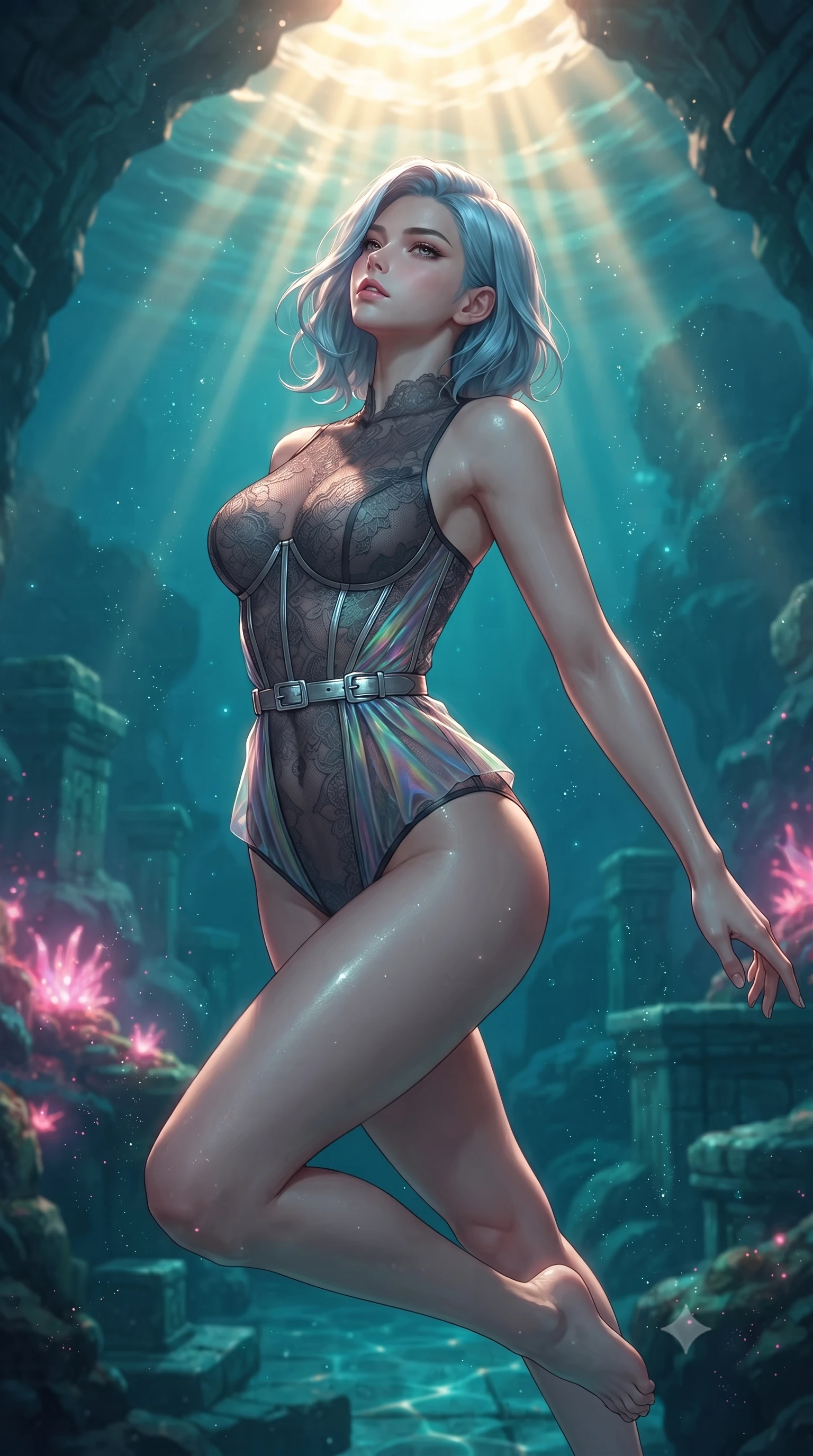 score_9, masterpiece, best quality, ultra-detailed, high-budget anime keyframe, editorial fashion photography, tasteful artistic composition, Korean woman. close-up cowboy shot from the waist and thighs up, the character dominates the composition, filling the frame with her large presence, background elements kept in soft focus. Tilting her chin up with an air of effortless superiority while balancing dynamically amidst the scene while swimming gracefully upward toward sunbeams penetrating a deep turquoise water cavern, intense golden sunbeams penetrating deep turquoise water creating caustic light ripples. She has an exceptionally elegant, slender, and willowy female figure with an ultra-slim waist, a gracefully sculpted slender torso, and a refined silhouette. sharp v-shaped jawline, high-bridge nose, intricate jewel-like eyes with depth, thick eyelashes, glossy lips with a natural sheen, flawlessly proportioned anatomical accuracy, natural body alignment, perfectly sculpted elegant limbs, clean dynamic posture without body distortion. wearing a sheer dark lace pattern bodysuit with structured corsetry boning in charcoal grey and platinum, crafted from iridescent chiffon that shifts colors in the light, detailed with polished silver buckles along the waistline, the tailored fabric tightly following every curve of her athletic build. illuminated by radiant pink bioluminescence and warm golden top lighting. ultra-reflective glossy finish, specular highlights, metallic sheen, high-contrast stereoscopic depth, volumetric dynamic lighting, 2k, ultra detail, master piece, 9:16 ratio