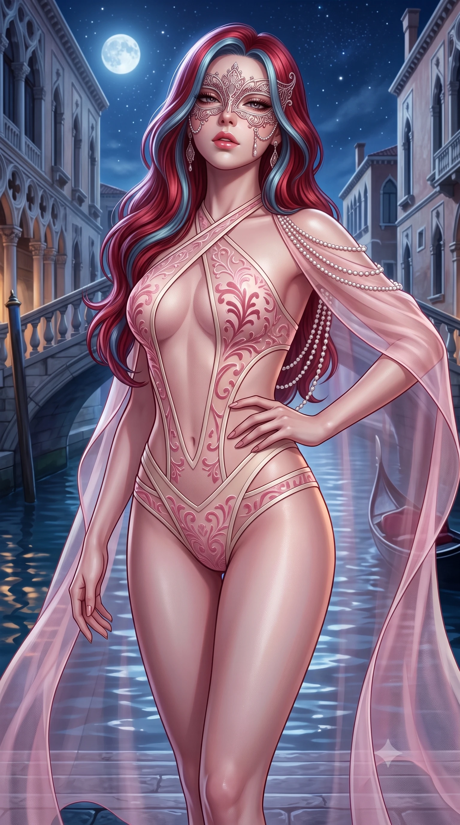 score_9, masterpiece, best quality, ultra-detailed, high-budget anime keyframe, semi-realistic 3D game render, editorial fashion photography, tasteful artistic composition, Caucasian woman. close-up cowboy shot from the waist and thighs up, the character dominates the composition, filling the frame with her large presence. tilting her chin up with proud, sovereign allure while gazing through thick eyelashes, one hand resting on her waist in pure supermodel charisma while gliding down the grand palace water steps with supermodel poise, her liquid dress clinging to her narrow waist and rounded hips in the moonlight. The surrounding environment is rendered in vivid detail and crisp panoramic clarity. detailed mask filigree, silk dress drape folds, and starry night sky reflections in high resolution. She has an exceptionally elegant, slender, and willowy female figure with an ultra-slim waist, flat toned midriff, narrow ribcage, and sculpted feminine hips creating an alluring, slim hourglass silhouette without bulk. sharp v-shaped jawline, high-bridge nose, intricate jewel-like eyes with depth, thick eyelashes, glossy parted lips with a natural sheen, intensely captivating and seductive bedroom-eyes expression, flawlessly proportioned anatomical accuracy, strict slender model proportions, natural body alignment, perfectly sculpted long slender limbs, ultra-slim waistline, clean dynamic posture without body distortion. wearing a desert queen monokini with crossed chest straps and high-cut hip bands, worn under a sweeping organza cape in sakura blossom pink and warm ivory, made of sheer contouring power-mesh with velvet flocking patterns, accented with a multi-strand pearl back necklace cascading down her bare spine to her hips, the second-skin form-contouring cut accentuating her sculpted flat midriff, narrow delicate ribcage, and gracefully curvy hips with supermodel precision. surrounded by an aristocratic, scandalous, and breathlessly captivating Venetian siren aura. highly saturated vibrant anime colors, detailed shading with soft gradients, rich glossy textures, high-contrast stereoscopic depth, volumetric dynamic lighting, master piece, 9:16 ratio
