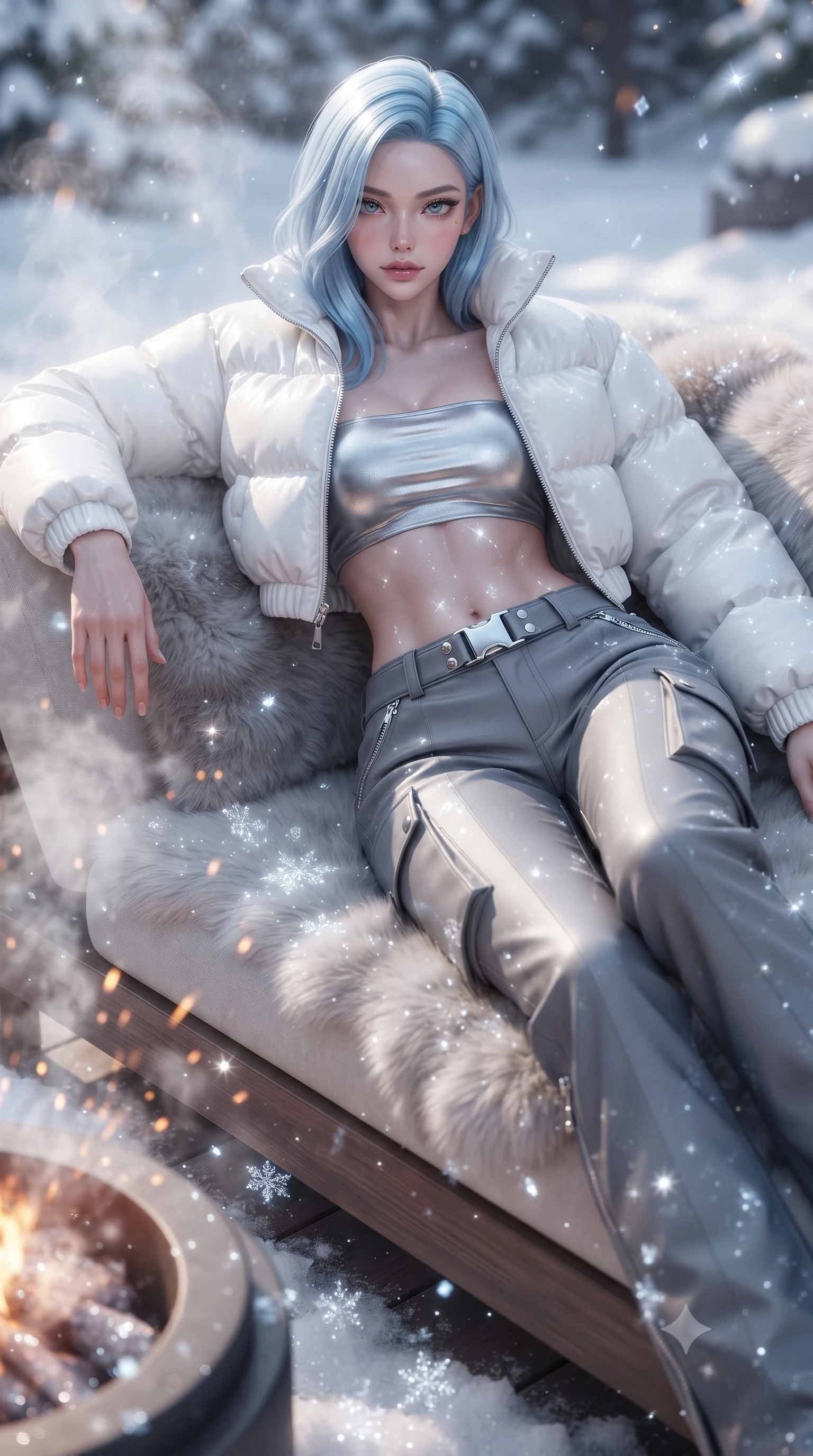 score_9, masterpiece, best quality, ultra-detailed, high-budget anime keyframe, editorial fashion photography, tasteful artistic composition, Korean woman. close-up cowboy shot from the waist and thighs up, the character dominates the composition, filling the frame with her large presence. leaning back with relaxed seductive grace, her sculpted collarbones highlighted by light, casting smoldering bedroom-eyes directly into the lens while reclining on an outdoor snow-view fur lounge daybed as steam rises, stretching her long slender legs in seductive comfort. The composition keeps background elements in soft focus with creamy bokeh. sparkling ice crystal flakes and rising fireplace sparks scattering enchanted light motes across the deck. She has an exceptionally elegant, slender, and willowy female figure with an ultra-slim waist, a gracefully sculpted slender torso, toned flat midriff, and a refined slim silhouette. sharp v-shaped jawline, high-bridge nose, intricate jewel-like eyes with depth, thick eyelashes, glossy parted lips with a natural sheen, intensely captivating and seductive expression, flawlessly proportioned anatomical accuracy, strict slender model proportions, natural body alignment, perfectly sculpted long slender limbs, ultra-slim waistline, clean dynamic posture without body distortion. wearing a cropped white puffer jacket worn over a metallic silver tube top and low-slung insulated cargo pants in winter slate grey and pearl luster, tailored from water-resistant ski-tech stretch gabardine with fleece lining, finished with polished chrome buckle closures and snow-gaiter zippers, the sweeping couture drape swaying majestically with her steps, accentuating her tall statuesque limbs and slender waistline. illuminated by bright specular snow reflections tracing her sculpted collarbones, waist, and long limbs. ultra-reflective glossy finish, specular highlights, rich textural contrasts, high-contrast stereoscopic depth, volumetric dynamic lighting, 2k, ultra detail, master piece, 9:16 ratio
