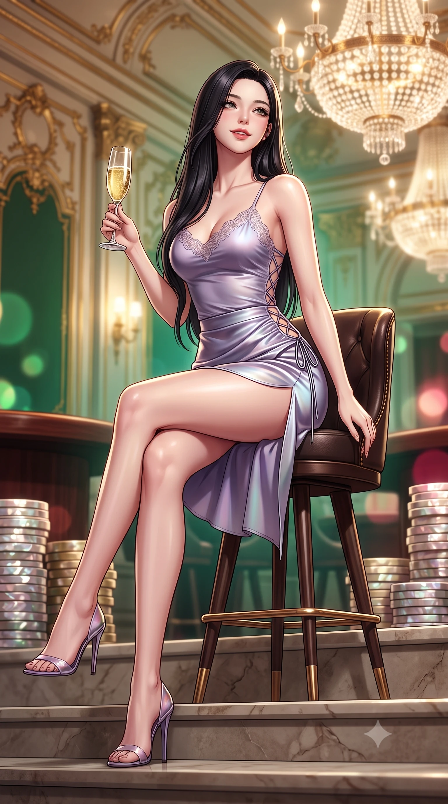 score_9, masterpiece, best quality, ultra-detailed, high-budget anime keyframe, semi-realistic 3D game render, editorial fashion photography, tasteful artistic composition, Korean woman. low angle full-body shot from head to toe showing her feet, filling the entire 9:16 vertical frame with her statuesque presence, stretching her vertical silhouette. sitting poised on the stone steps with one knee bent, arching her spine with supermodel elegance as she glances upward through thick eyelashes while perched sideways on the high leather gaming stool with legs crossed, swirling a glass of Dom Pérignon with sovereign high-roller glamour. The background shows a soft-focus gilded French rococo wall moldings, massive Bohemian crystal chandeliers, and stacks of mother-of-pearl casino plaques blurred into emerald, champagne-gold, and ruby bokeh. She has an absolutely perfect, statuesque 8.5-heads proportion, an exceptionally tall and slender model-like female figure with impossibly long slender legs, an ultra-slim waist, a flat toned midriff, narrow delicate ribcage, and beautifully sculpted feminine hips creating a graceful, slim hourglass silhouette without any bulky heaviness. sharp v-shaped jawline, high-bridge nose, sparkling eyes with hypnotic seductive depth, thick curled eyelashes, glossy parted lips with a natural dewy peach sheen, alluring bedroom-eyes with an enchanting coquettish smile, exuding magnetic siren charisma and sophisticated glamour, flawlessly proportioned anatomical accuracy, strict slender model proportions, natural body alignment, perfectly sculpted long slender limbs, ultra-slim waistline, clean dynamic posture without body distortion. wearing a delicate lace-trimmed silk camisole paired with a draped satin tulip mini skirt with high side slit in dusk lavender and iridescent silver, crafted from fluid liquid silk satin that clings smoothly to every curve with a dewy sheen, featuring fine criss-cross lace-up side ties revealing tantalizing glimpses of her hip curve, the glove-like clinging cut tightly following the natural contour of her hips and long slender legs with youthful 8.5-heads elegance. illuminated by mahogany table surface bounce and sharp royal-gold rim lights defining her razor-sharp jawline, narrow waist, and curvy hips. highly saturated vibrant anime colors, detailed shading with soft gradients, rich glossy textures, high-contrast stereoscopic depth, volumetric dynamic lighting, master piece, 9:16 ratio