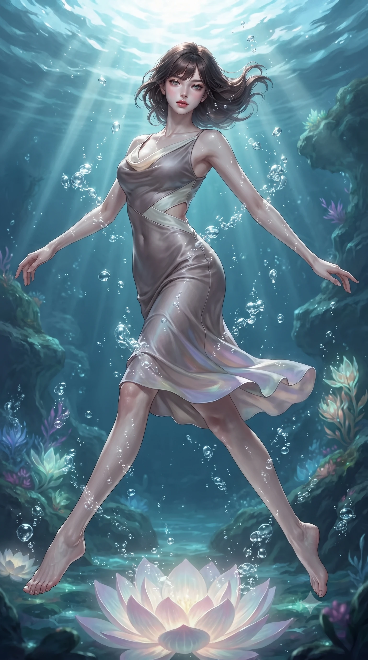score_9, masterpiece, best quality, ultra-detailed, high-budget anime keyframe, editorial fashion photography, tasteful artistic composition, Korean woman. low angle full-body shot from head to toe showing her feet, filling the entire 9:16 vertical frame with her statuesque presence, stretching her vertical silhouette. leaping gracefully through mid-air with statuesque elegance, her impossibly long slender legs stretched in perfect balance while floating underwater in a dynamic mid-air spin over a glowing lotus reef in a subterranean lagoon, rising underwater bubbles casting pearl-white specular highlights on her skin. She has an absolutely perfect, statuesque 8.5-heads proportion, an exceptionally tall and slender model-like female figure with impossibly long slender legs and an ultra-slim waist. sharp v-shaped jawline, high-bridge nose, intricate jewel-like eyes with depth, thick eyelashes, glossy lips with a natural sheen, flawlessly proportioned anatomical accuracy, natural body alignment, perfectly sculpted elegant limbs, clean dynamic posture without body distortion. wearing an elegant cowl-neck satin midi dress with a graceful draped neckline in muted taupe and soft ivory, crafted from iridescent chiffon that shifts colors in the light, featuring subtle geometric cutouts that highlight her ultra-slim midriff, the form-contouring material highlighting her ultra-slim waist and long lines. surrounded by a shimmering ocean aura with bright specular rim lights. ultra-reflective glossy finish, specular highlights, metallic sheen, high-contrast stereoscopic depth, volumetric dynamic lighting, 2k, ultra detail, master piece, 9:16 ratio