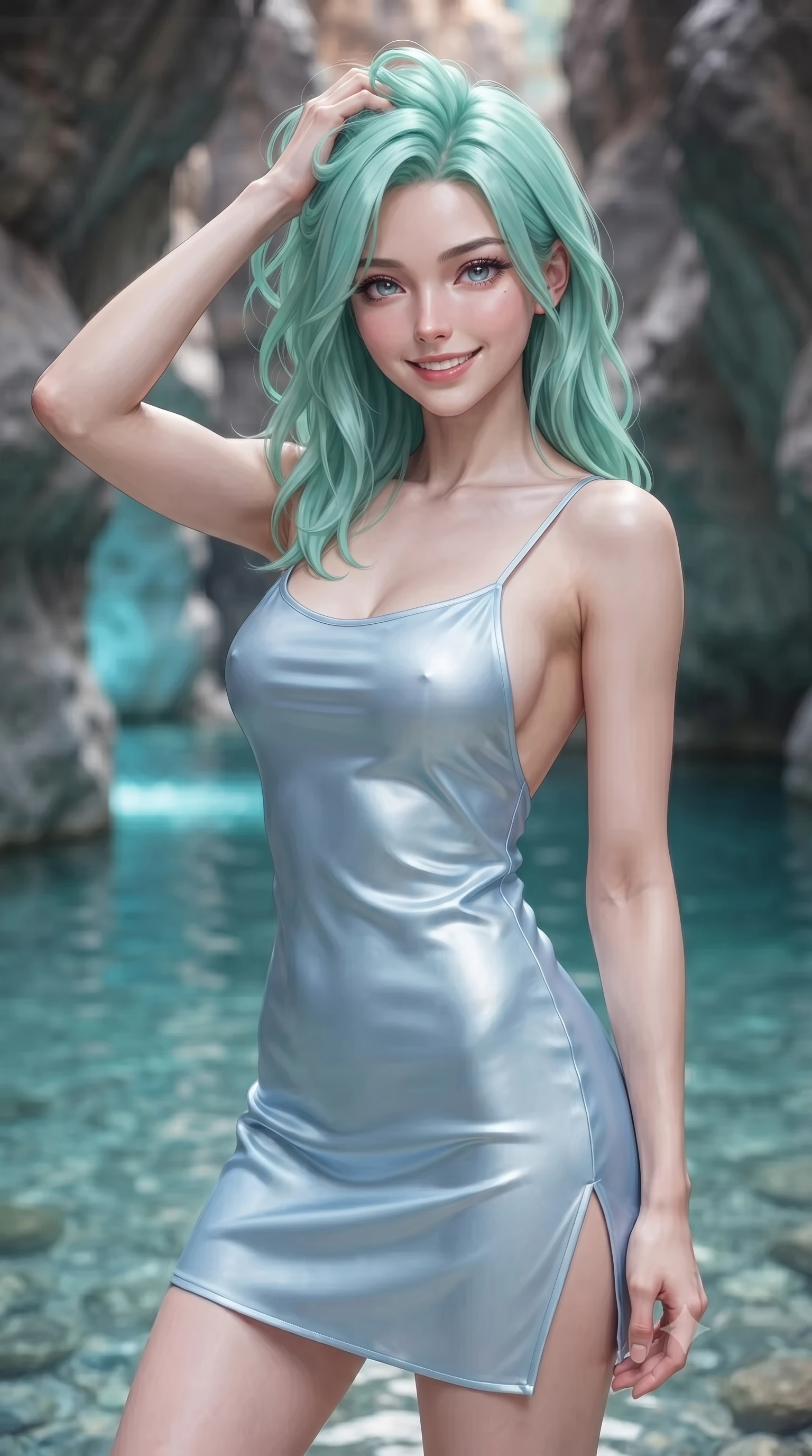 score_9, masterpiece, best quality, ultra-detailed, high-budget anime keyframe, editorial fashion photography, tasteful artistic composition, Japanese woman woman. close-up cowboy shot from the waist and thighs up, the character dominates the composition, filling the frame with her large presence, background elements kept in soft focus. smiling with quiet, magnetic self-assurance directly into the camera, running a hand through her hair the background shows a soft-focus a natural stone pool inside a quiet rock canyon with clear turquoise water. She has an exceptionally elegant, slender, and willowy female figure with an ultra-slim waist, a gracefully sculpted slender torso, and a refined silhouette. sharp v-shaped jawline, high-bridge nose, intricate jewel-like eyes with depth, thick eyelashes, glossy lips with a natural sheen. wearing a slim-fit lightweight silk slip dress in baby blue with a high side slit and a low-cut back. soft blue light reflecting from the pool water onto the rocky canyon walls. ultra-reflective glossy finish, specular highlights, metallic sheen, high-contrast stereoscopic depth, volumetric dynamic lighting, 2k, ultra detail, master piece, 9:16 ratio