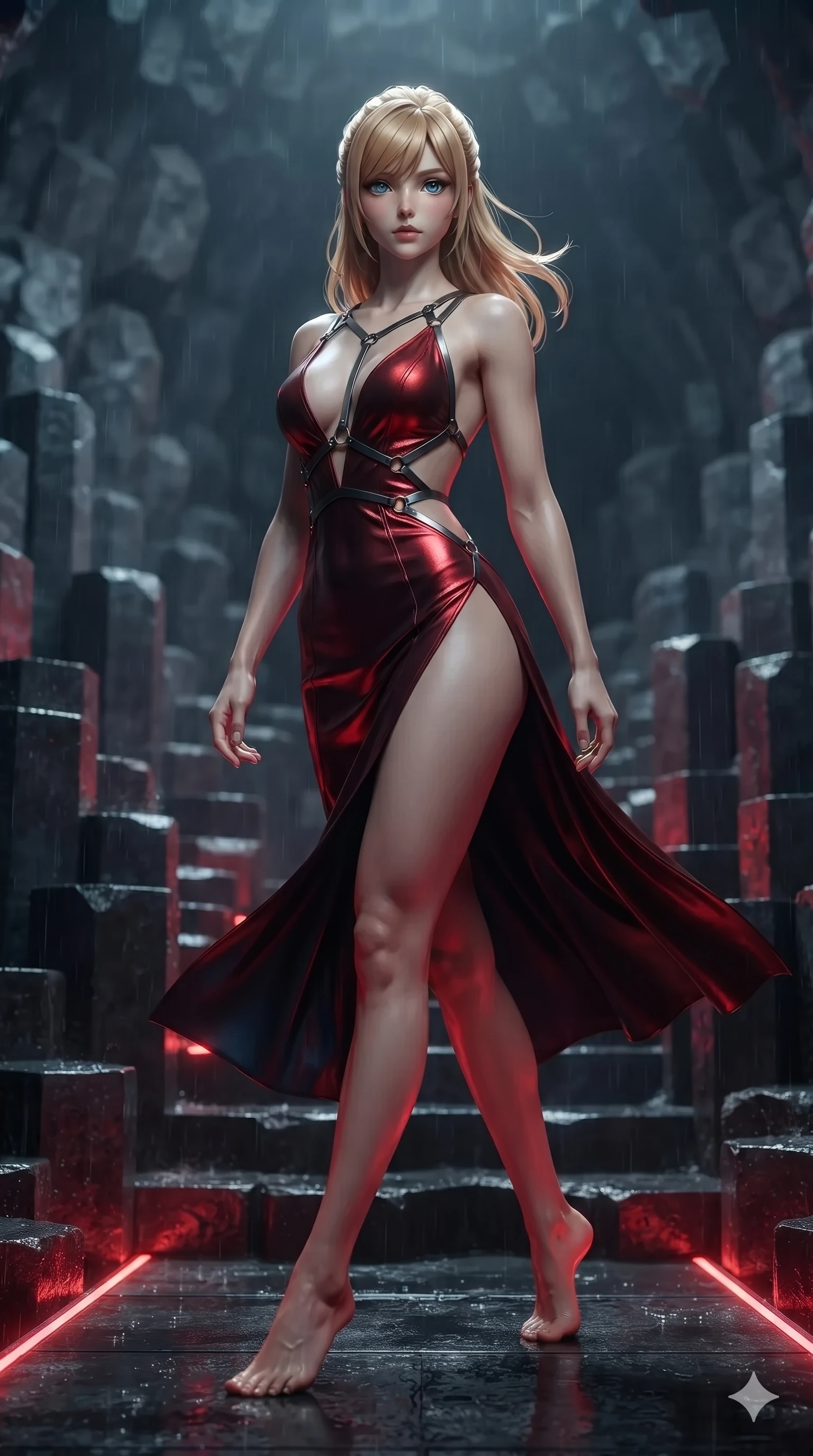 score_9, masterpiece, best quality, ultra-detailed, high-budget anime keyframe, editorial fashion photography, tasteful artistic composition, Caucasian woman. low angle full-body shot from head to toe showing her feet, filling the entire 9:16 vertical frame with her statuesque presence, stretching her vertical silhouette. striding across the rain-swept glass terrace, nocturnal breezes whipping her garments open to accentuate her long slender legs and curvy hips while twisting her slender torso in an alluring contrapposto stance among the stepped geometric pillars, red floor uplights tracing her flat midriff and hips. The background shows a soft-focus volcanic subterranean cavern softened in geometric geological shallow focus. She has an absolutely perfect, statuesque 8.5-heads proportion, an exceptionally tall and slender model-like female figure with impossibly long slender legs, an ultra-slim waist, a flat toned midriff, narrow delicate ribcage, and beautifully sculpted feminine hips creating a graceful, slim hourglass silhouette without any bulky heaviness. sharp v-shaped jawline, high-bridge nose, intricate jewel-like dark sparkling eyes with hypnotic seductive depth, thick curled eyelashes, glossy parted lips with a natural wine sheen, alluring bedroom-eyes with an enigmatic smoldering smile, exuding magnetic sovereign charisma and dark avant-garde glamour, flawlessly proportioned anatomical accuracy, strict slender model proportions, natural body alignment, perfectly sculpted long slender limbs, ultra-slim waistline, clean dynamic posture without body distortion. wearing a provocative backless liquid lamé slip dress with plunging neckline and hip-high thigh slit in crimson laser red and cold midnight shadow tones, made of supple butter-soft lambskin leather with a subtle satin sheen, highlighted by a gunmetal metallic harness structure, the precision-cut side openings and low-back scoop framing her graceful spine and the sensual sweep of her slim, toned hips. bathed in sharp crimson laser floor uplights cutting through cold cavern shadows. ultra-reflective glossy finish, specular highlights, metallic sheen, high-contrast stereoscopic depth, volumetric dynamic lighting, 2k, ultra detail, master piece, 9:16 ratio