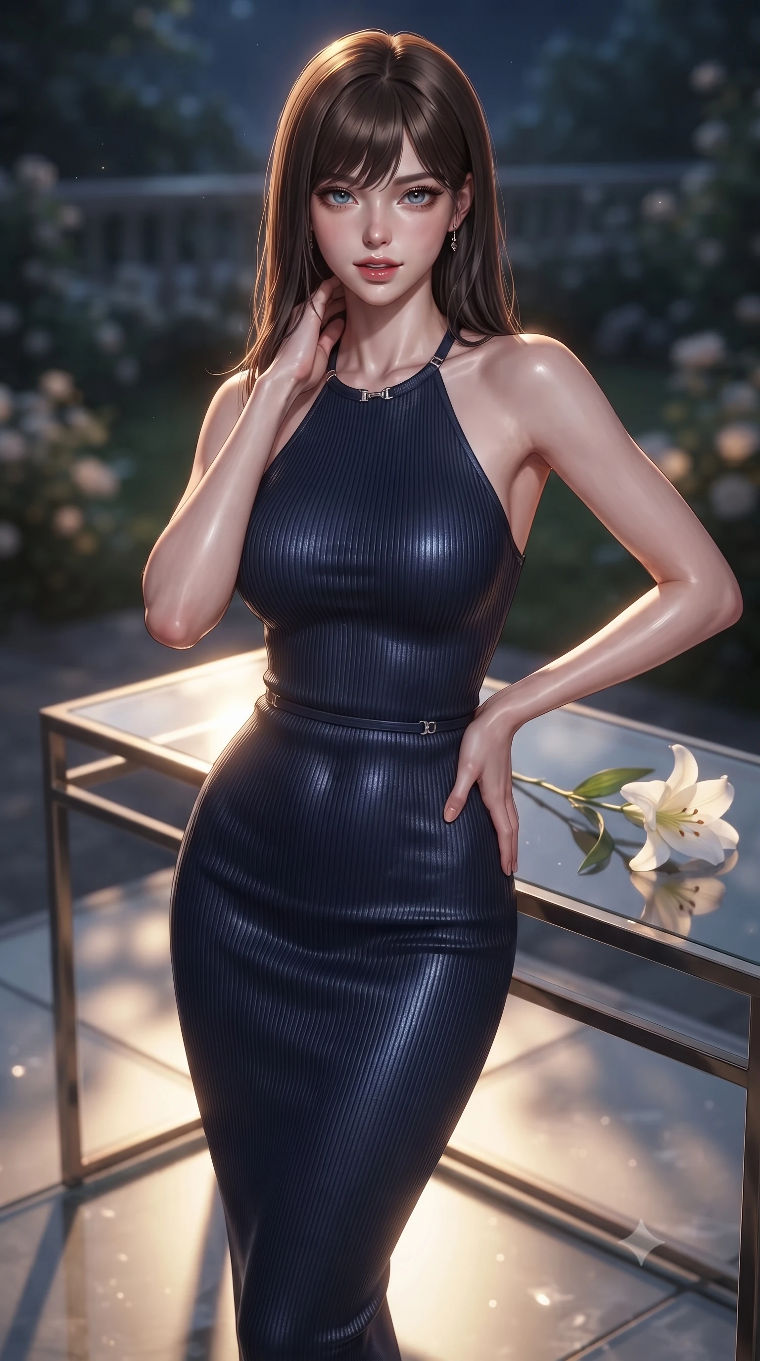 score_9, masterpiece, best quality, ultra-detailed, high-budget anime keyframe, editorial fashion photography, tasteful artistic composition, Korean woman. close-up cowboy shot from the waist and thighs up, the character dominates the composition, filling the frame with her large presence, background elements kept in soft focus. gazing directly into the camera with a smoldering, magnetic half-smile, her glossy lips parted alluringly set against a soft-focus background of inside an exclusive moonlit garden terrace with a single long-stemmed white lily resting against a polished glass surface. She has an exceptionally elegant, slender, and willowy female figure with an ultra-slim waist, a gracefully sculpted slender torso, and a refined silhouette. sharp v-shaped jawline, high-bridge nose, intricate jewel-like eyes with depth, thick eyelashes, glossy lips with a natural sheen. wearing slim-fit midnight navy ribbed cashmere form-contouring cashmere halter dress tracing her statuesque physique accented with delicate silver hardware. bathed in warm golden hour sunbeams that cast long, romantic shadows across the floor. ultra-reflective glossy finish, specular highlights, metallic sheen, high-contrast stereoscopic depth, volumetric dynamic lighting, 2k, ultra detail, master piece, 9:16 ratio