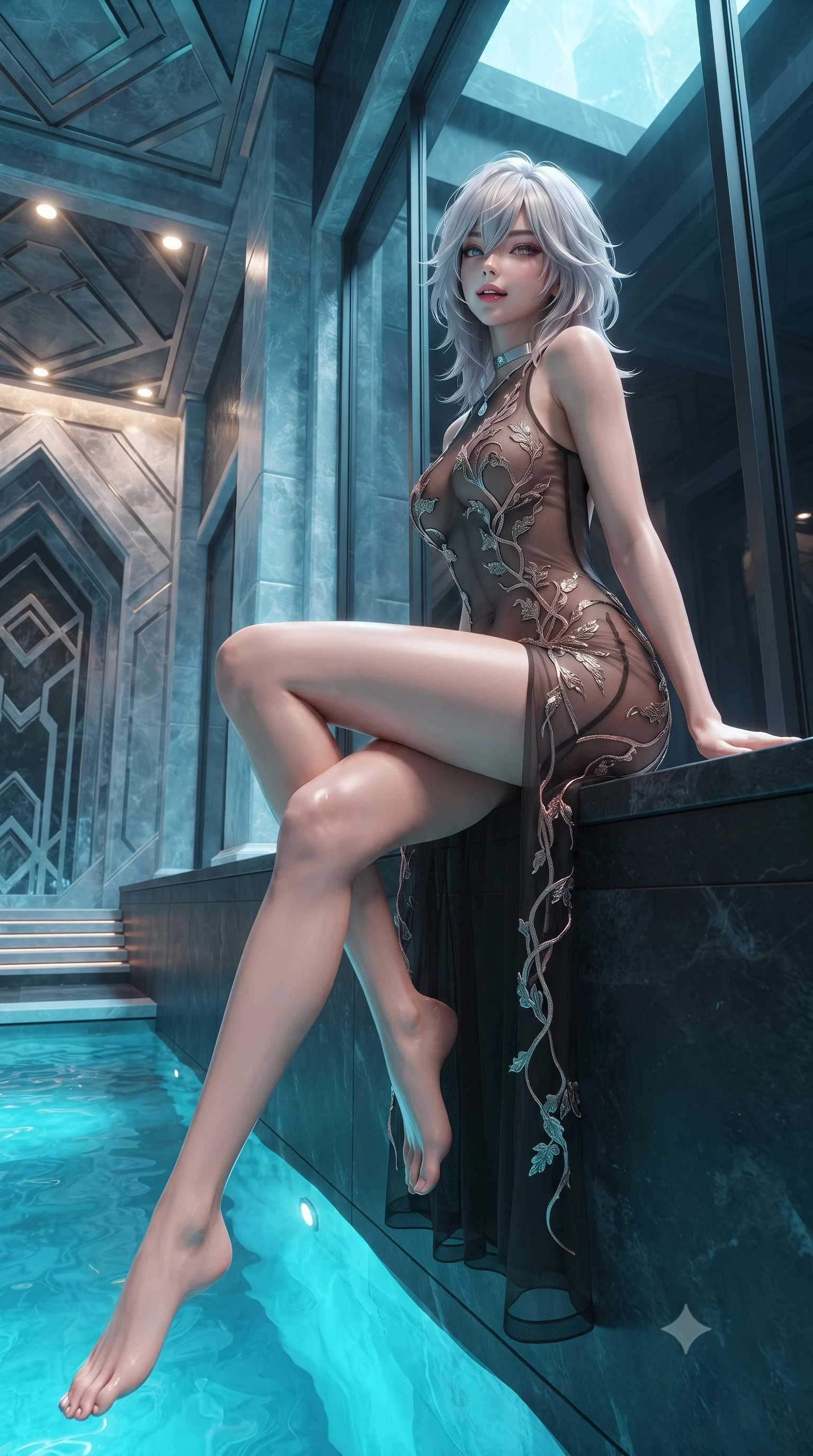 score_9, masterpiece, best quality, ultra-detailed, high-budget anime keyframe, editorial fashion photography, tasteful artistic composition, Japanese woman. low angle full-body shot from head to toe showing her feet, filling the entire 9:16 vertical frame with her statuesque presence, stretching her vertical silhouette. posing in a classic haute-couture S-curve stance beside the floor-to-ceiling window, looking over a bare shoulder with magnetic presence while sitting gracefully on the heated basalt ledge with legs crossed, flashing an enchanting smile with parted glossy lips. The surrounding environment is rendered in vivid detail and crisp panoramic clarity: detailed tactical jumpsuit drape, high-gloss wet-look sheen, and grand lunar-ice infrastructure in high resolution. She has an exceptionally tall and slender model-like 8.5-heads proportion, an ultra-slim waist, a flat toned midriff, narrow delicate ribcage, and beautifully sculpted feminine hips creating a graceful, slim hourglass silhouette without any bulky heaviness, with impossibly long slender legs. sharp v-shaped jawline, high-bridge nose, intricate jewel-like sparkling eyes with depth, thick eyelashes, glossy parted lips with a natural peach sheen, bright cheerful beaming smile with an enchanting and coquettish sensual glint, exuding both youthful cute charm and seductive allure, flawlessly proportioned anatomical accuracy, strict slender model proportions, natural body alignment, perfectly sculpted long slender limbs, ultra-slim waistline, clean dynamic posture without body distortion. wearing a provocative sheer noir illusion mesh combat dress with embroidered climbing metallic ivy ribbons contouring her curves in Solaris liquid rose-quartz and alien peach, featuring strategic sheer-illusion tulle side panels framing her ribcage and hips, finished with a minimalist chrome choker and a single teardrop diamond pendant, the precision-cut side openings and low-back scoop framing her graceful spine and the sensual sweep of her slim, toned hips. bathed in brilliant turquoise water up-light combined with warm 2800K platform recessed downlights. ultra-reflective glossy finish, specular highlights, rich textural contrasts, high-contrast stereoscopic depth, volumetric dynamic lighting, 2k, ultra detail, master piece, 9:16 ratio