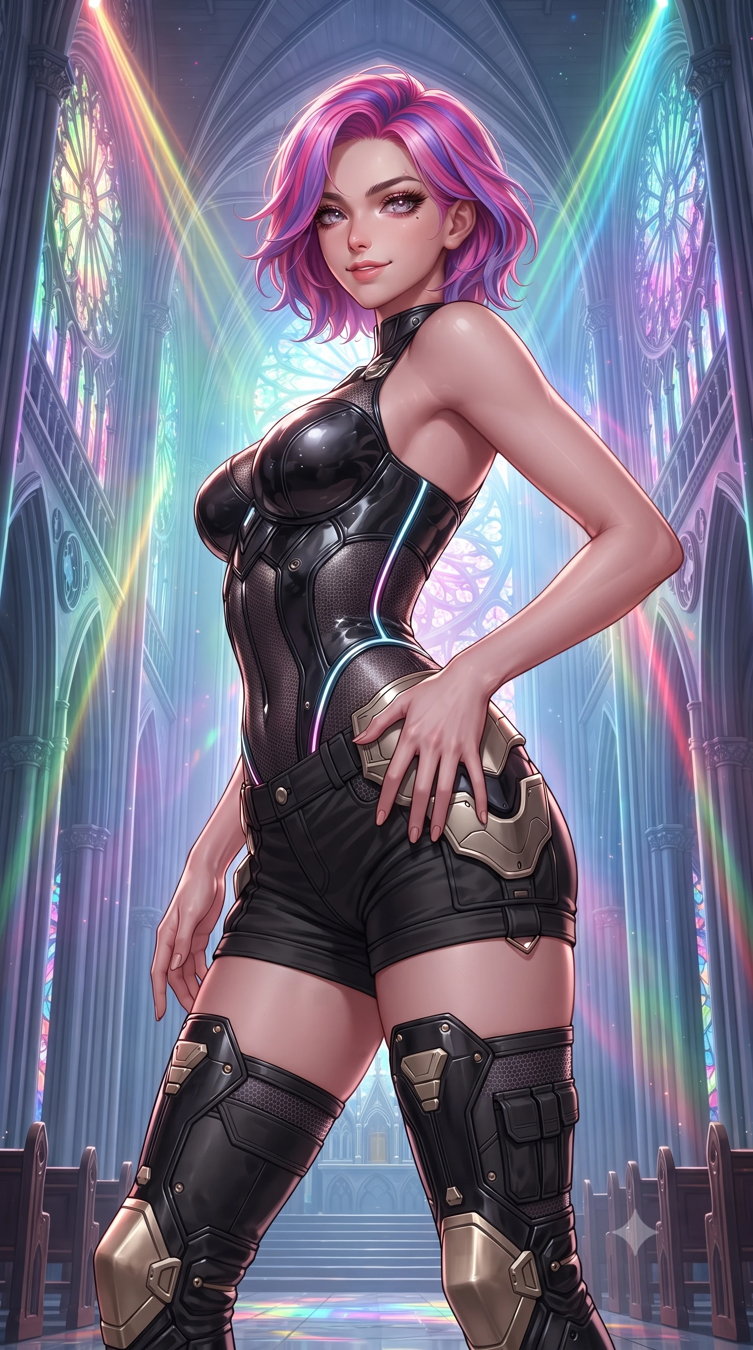 score_9, masterpiece, best quality, ultra-detailed, high-budget anime keyframe, editorial fashion photography, tasteful artistic composition, Caucasian woman. close-up cowboy shot from the waist and thighs up, the character dominates the composition, filling the frame with her large presence. twisting her slender torso in an alluring contrapposto stance, one hand resting on her sculpted hip armor while glancing back with effortless sovereign poise while standing centered in the soaring nave beneath monumental holographic rose windows, arching her spine with divine cybernetic majesty. The surrounding environment is rendered in vivid detail and crisp panoramic clarity: detailed armored bodice weave, rainbow laser specular highlights on skin, and futuristic gothic cathedral architecture in high clarity. She has an exceptionally elegant, slender, and willowy female figure with an ultra-slim waist, flat toned midriff, narrow ribcage, and sculpted feminine hips creating an alluring, slim hourglass silhouette without bulk. sharp v-shaped jawline, high-bridge nose, intricate jewel-like sparkling eyes with depth, thick eyelashes, glossy parted lips with a natural sheen, bright confident smile with an enchanting and coquettish sensual glint, exuding both youthful magnetic charm and sovereign high-tech allure, flawlessly proportioned anatomical accuracy, strict slender model proportions, natural body alignment, perfectly sculpted long slender limbs, ultra-slim waistline, clean dynamic posture without body distortion. wearing a sculpted carbon-fiber bustier armor top paired with ultra-tight tactical cargo shorts and thigh-high armored boots in glossy onyx black and warm champagne gold hardware, woven from delicate semi-opaque high-tensile nano-mesh with intricate hexagonal micro-patterns, accented with glowing neon fiber-optic piping tracing her spine and hip lines, the form-fitting tactical tailoring adhering flawlessly to her sculpted flat midriff and slender torso, emphasizing her long leg lines and perfectly proportioned willowy build. bathed in majestic stained-glass laser light cascading through towering digital rose windows. ultra-reflective glossy finish, specular highlights, rich textural contrasts, high-contrast stereoscopic depth, volumetric dynamic lighting, 2k, ultra detail, master piece, 9:16 ratio