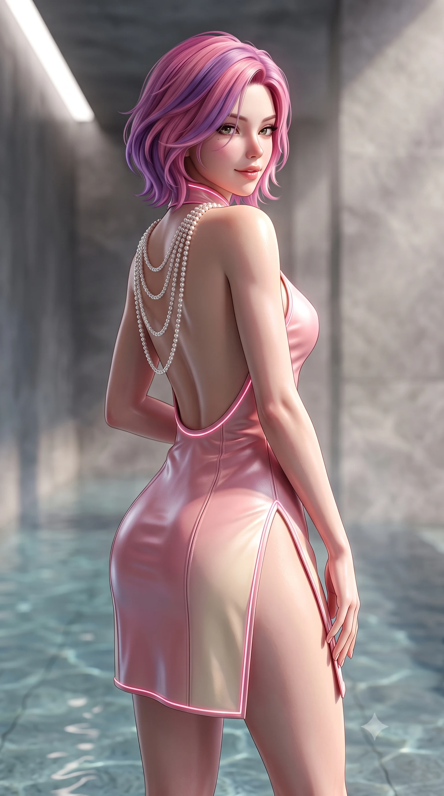 score_9, masterpiece, best quality, ultra-detailed, high-budget anime keyframe, semi-realistic 3D game render, editorial fashion photography, tasteful artistic composition, Caucasian woman. close-up cowboy shot from the waist and thighs up, the character dominates the composition, filling the frame with her large presence. turning over a bare shoulder with an intoxicating, teasing smile, her soft hair framing her sharp jawline as her hips angle gracefully while standing poised on the wet quartzite floor beside a narrow ceiling light slit, turning in an alluring silhouette as dramatic sunlight cuts through steam. The composition keeps background elements in soft focus with creamy bokeh. submerged water caustics and monolithic stone wall textures softened in monumental minimalist shallow focus. She has an exceptionally elegant, slender, and willowy female figure with an ultra-slim waist, flat toned midriff, narrow ribcage, and sculpted feminine hips creating an alluring, slim hourglass silhouette without bulk. sharp v-shaped jawline, high-bridge nose, intricate jewel-like eyes with depth, thick eyelashes, glossy parted lips with a natural sheen, intensely captivating and seductive bedroom-eyes expression, flawlessly proportioned anatomical accuracy, strict slender model proportions, natural body alignment, perfectly sculpted long slender limbs, ultra-slim waistline, clean dynamic posture without body distortion. wearing a modernized cyber-qipao mini dress with an ultra-high side slit ascending to the hip and glowing piping in sakura blossom pink and warm ivory, formed from supple second-skin lambskin leather with specular sheen, accented with a multi-strand pearl back necklace cascading down her bare spine to her hips, the precision-cut side openings and low-back scoop framing her graceful spine and the sensual sweep of her slim, toned hips. illuminated by shimmering submerged pool lights softly contouring her razor-sharp jawline, narrow waist, and curvy hips. highly saturated vibrant anime colors, detailed shading with soft gradients, rich glossy textures, high-contrast stereoscopic depth, volumetric dynamic lighting, master piece, 9:16 ratio