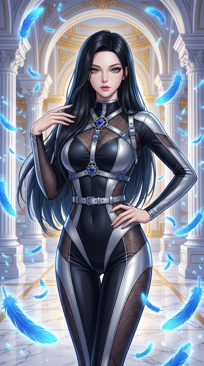 score_9, masterpiece, best quality, ultra-detailed, Set C: High-budget Anime Keyframe, Korean woman. Upper body close-up from the thighs up, character filling the screen for maximum presence. Standing in a rain of blue feathers in a white marble cour