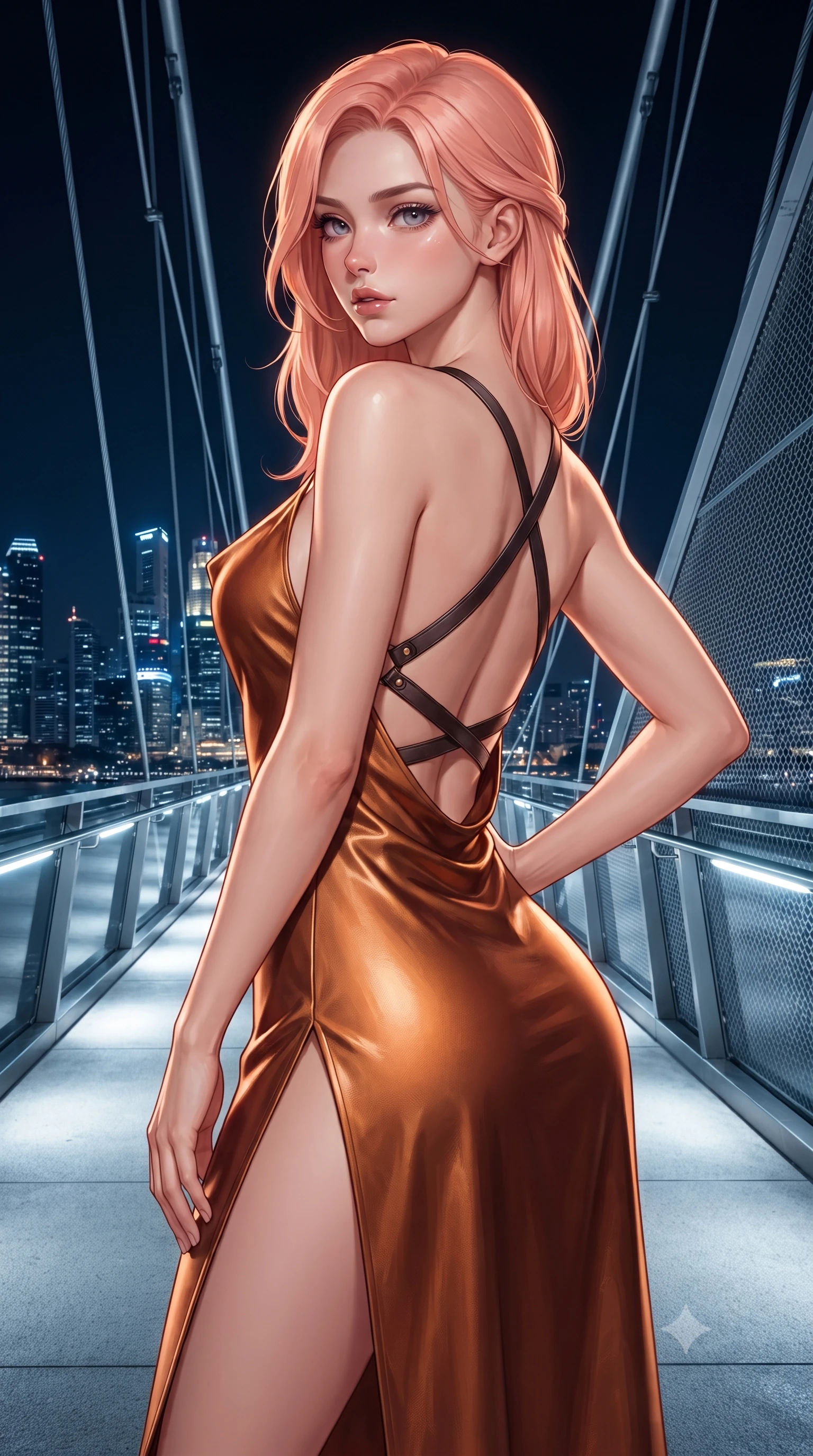 score_9, masterpiece, best quality, ultra-detailed, high-budget anime keyframe, editorial fashion photography, tasteful artistic composition, Japanese woman. close-up cowboy shot from the waist and thighs up, the character dominates the composition, filling the frame with her large presence. posing in an alluring rear three-quarter angle, arching her lower back in a pronounced S-curve with one hand on her hip, glancing seductively over her bare shoulder with parted glossy lips while standing poised at the center of the illuminated suspension bridge, twisting her slender torso in an alluring S-curve while looking toward the Marina skyline. The surrounding environment is rendered in vivid detail and crisp panoramic clarity. sharp skyway glass panel joints, stainless steel suspension cables, and futuristic architectural mesh in deep focus. She has an exceptionally elegant, slender, and willowy female figure with an ultra-slim waist, flat toned midriff, narrow ribcage, and sculpted feminine hips creating an alluring, slim hourglass silhouette without bulk. sharp v-shaped jawline, high-bridge nose, intricate jewel-like eyes with depth, thick eyelashes, glossy parted lips with a natural sheen, intensely captivating and seductive bedroom-eyes expression, flawlessly proportioned anatomical accuracy, strict slender model proportions, natural body alignment, perfectly sculpted long slender limbs, ultra-slim waistline, clean dynamic posture without body distortion. wearing a backless cowl-neck satin slip dress featuring high-cut side hip slits and delicate criss-cross back straps in rich copper bronze and warm amber, crafted from second-skin supple lambskin leather with liquid drape, featuring an open-back criss-cross harness strap in dark leather, the precision-cut side openings and low-back scoop framing her graceful spine and the sensual sweep of her slim, toned hips. illuminated by wet specular glass bounce lights sculpting her toned waistline, slender spine, and feminine hips. ultra-reflective glossy finish, specular highlights, rich textural contrasts, high-contrast stereoscopic depth, volumetric dynamic lighting, 2k, ultra detail, master piece, 9:16 ratio