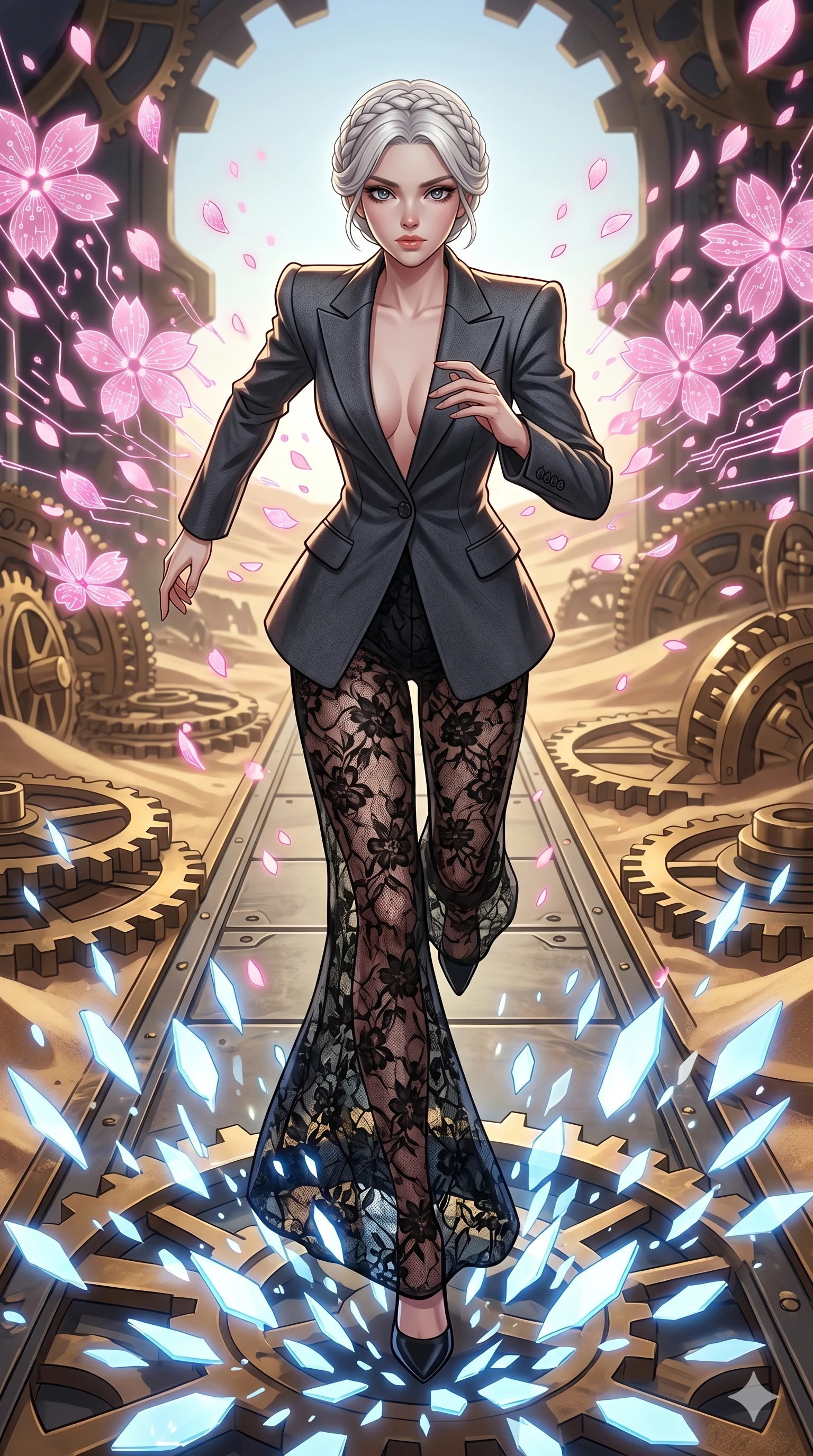 score_9, masterpiece, best quality, ultra-detailed, Set A: High-budget Anime Keyframe, Caucasian (strictly human ears) woman. Low angle cowboy shot filling the entire 9:16 frame with her statuesque presence. Sprinting through a clockwork desert, as the ground beneath her turns into 41 shards of light and surrounded by digital sakura petals. She has an absolutely perfect 8-heads proportion, an exceptionally tall and slender female figure with impossibly long slender legs and an ultra-slim waist. Sharp v-shaped jawline, high-bridge nose, intricate jewel-like eyes with depth, thick eyelashes, glossy lips with a natural sheen. Wearing High-fashion structured blazer with nothing underneath, paired with sheer lace trousers. Cinematic lighting, vibrant colors, dramatic shadows, 2k, ultra detail, master piece, 9:16 ratio