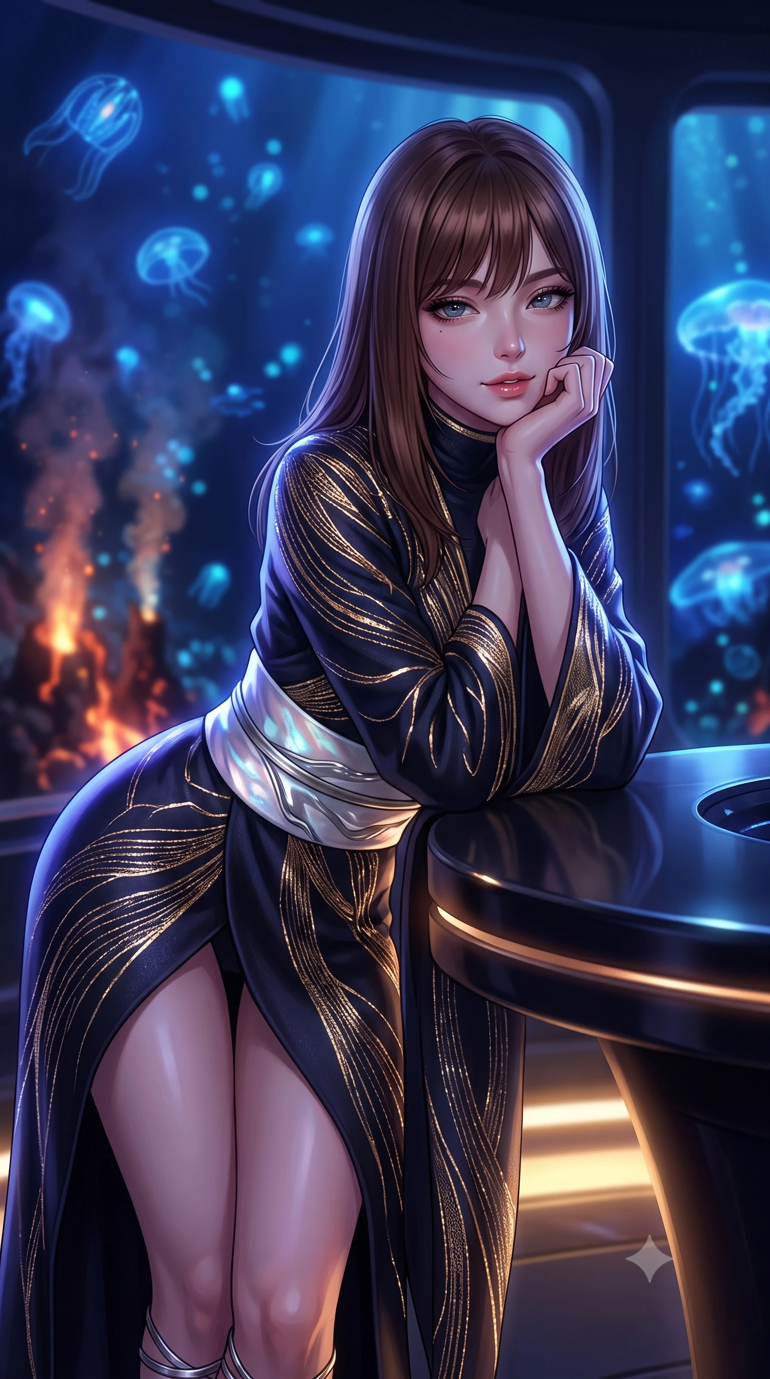 score_9, masterpiece, best quality, ultra-detailed, high-budget anime keyframe, editorial fashion photography, tasteful artistic composition, Korean woman. close-up cowboy shot from the waist and thighs up, the character dominates the composition, filling the frame with her large presence. resting one elbow on the table and supporting her chin, leaning close to the camera with heavy-lidded sparkling eyes and parted lips while leaning against the curved obsidian console with hips cocked back, looking out into the abyssal darkness illuminated by hydrothermal vent fires with smoldering bedroom-eyes. The background shows a soft-focus glowing blue bioluminescent siphonophores and comb jellies, shimmering heat plumes from black smoker chimneys, and infinite ocean abyss blurred into sapphire, cyan, and topaz bokeh. She has an exceptionally elegant, slender, and willowy female figure with an ultra-slim waist, flat toned midriff, narrow ribcage, and sculpted feminine hips creating an alluring, slim hourglass silhouette without bulk. sharp v-shaped jawline, high-bridge nose, intricate jewel-like sparkling eyes with depth, thick eyelashes, glossy parted lips with a natural peach sheen, bright cheerful beaming smile with an enchanting and coquettish sensual glint, exuding both youthful cute charm and seductive allure, flawlessly proportioned anatomical accuracy, strict slender model proportions, natural body alignment, perfectly sculpted long slender limbs, ultra-slim waistline, clean dynamic posture without body distortion. wearing an elegant high-neck cyber-kimono coat with integrated gold fiber-optic embroidery and wide obi belt in iridescent mother-of-pearl and liquid molten silver, crafted from bespoke double-faced cashmere with an exceptionally soft tactile finish, complemented by strappy stiletto sandals with metallic ankle wraps accentuating her slender calves, the impeccably tailored cut draping gracefully along her slender figure with aristocratic poise. bathed in deep ocean blue-violet ambient light mixed with warm 2200K golden geothermal vent radiance. ultra-reflective glossy finish, specular highlights, rich textural contrasts, high-contrast stereoscopic depth, volumetric dynamic lighting, 2k, ultra detail, master piece, 9:16 ratio